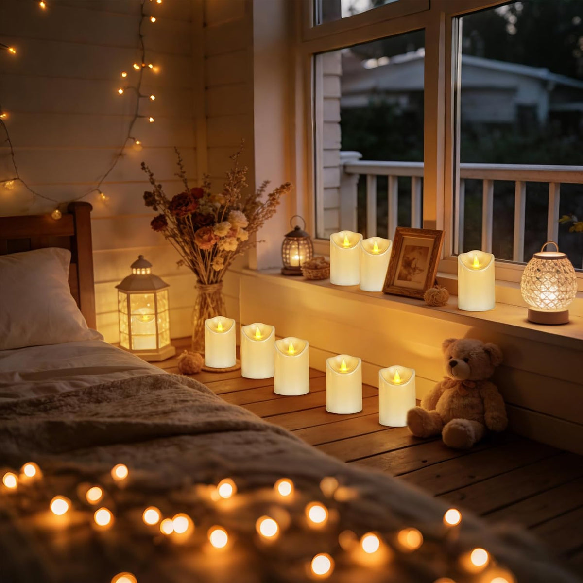 Bulk Set of 12 Outdoor Flameless Candles, Patented 3D Dual-LED Resin Pillars with 2 Remotes, Pure White Waterproof