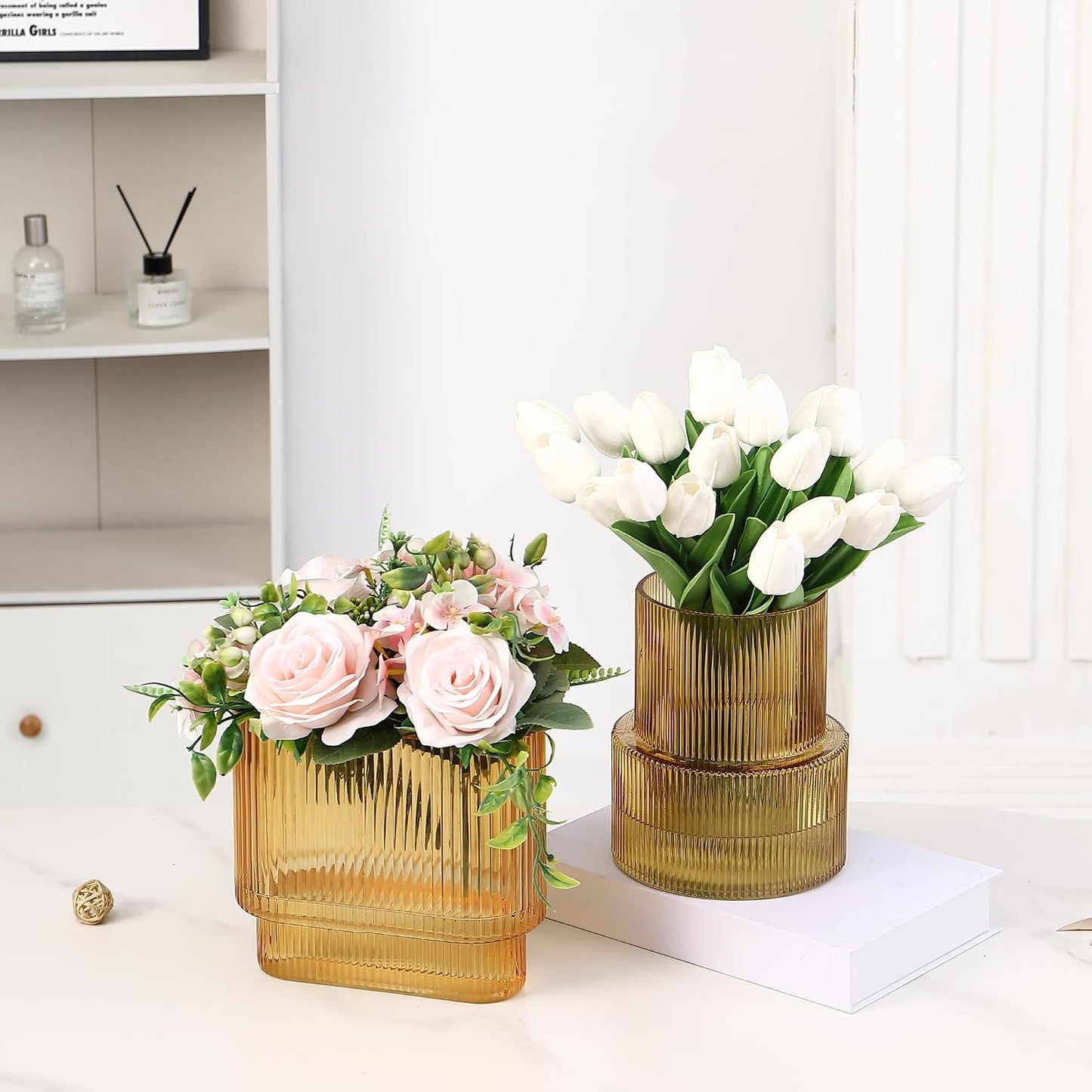 Glass Vases / Modern Glass Vase / Amber / Ribbed + Oval / Set of 2