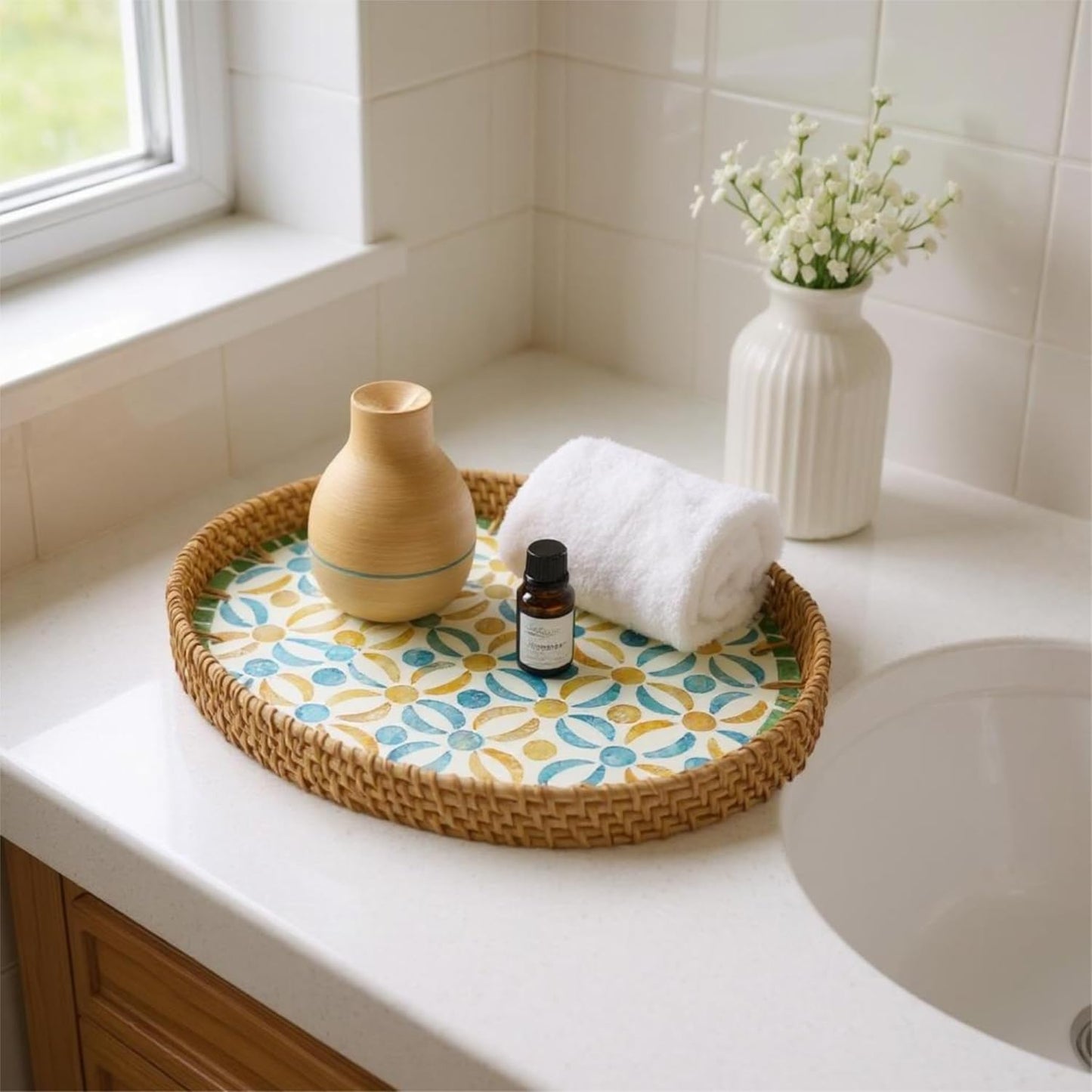 3 Sizes Wicker Woven Coffee Table Tray / Blue Orange Poppy