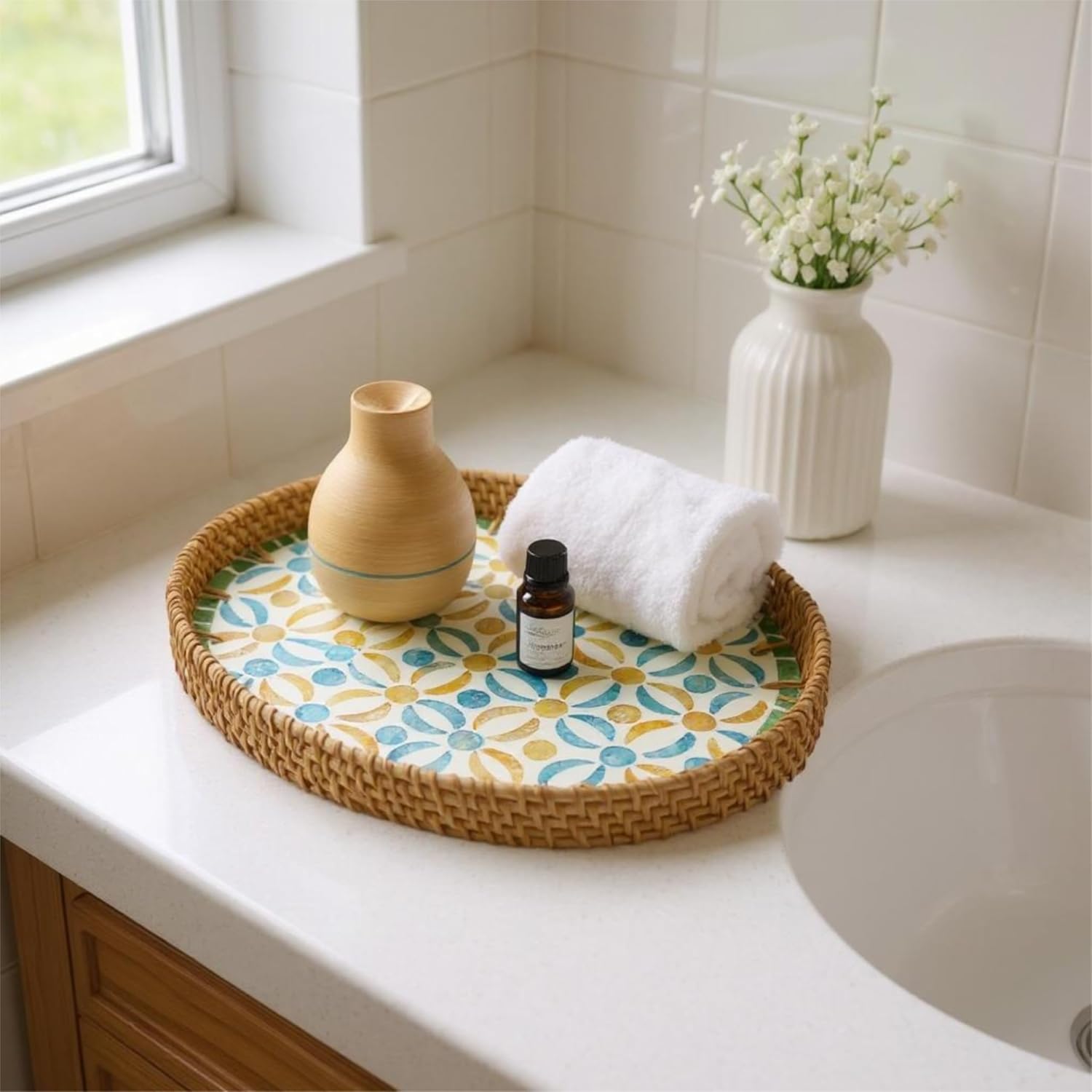 3 Sizes Wicker Woven Coffee Table Tray / Blue Orange Poppy