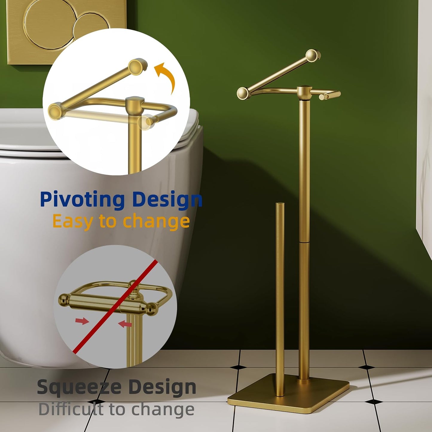 RUACQ Bathroom Toilet Paper Holder Stand with Storage, Brushed Gold | Pivoting Free Standing Toilet Roll Holder, Holds