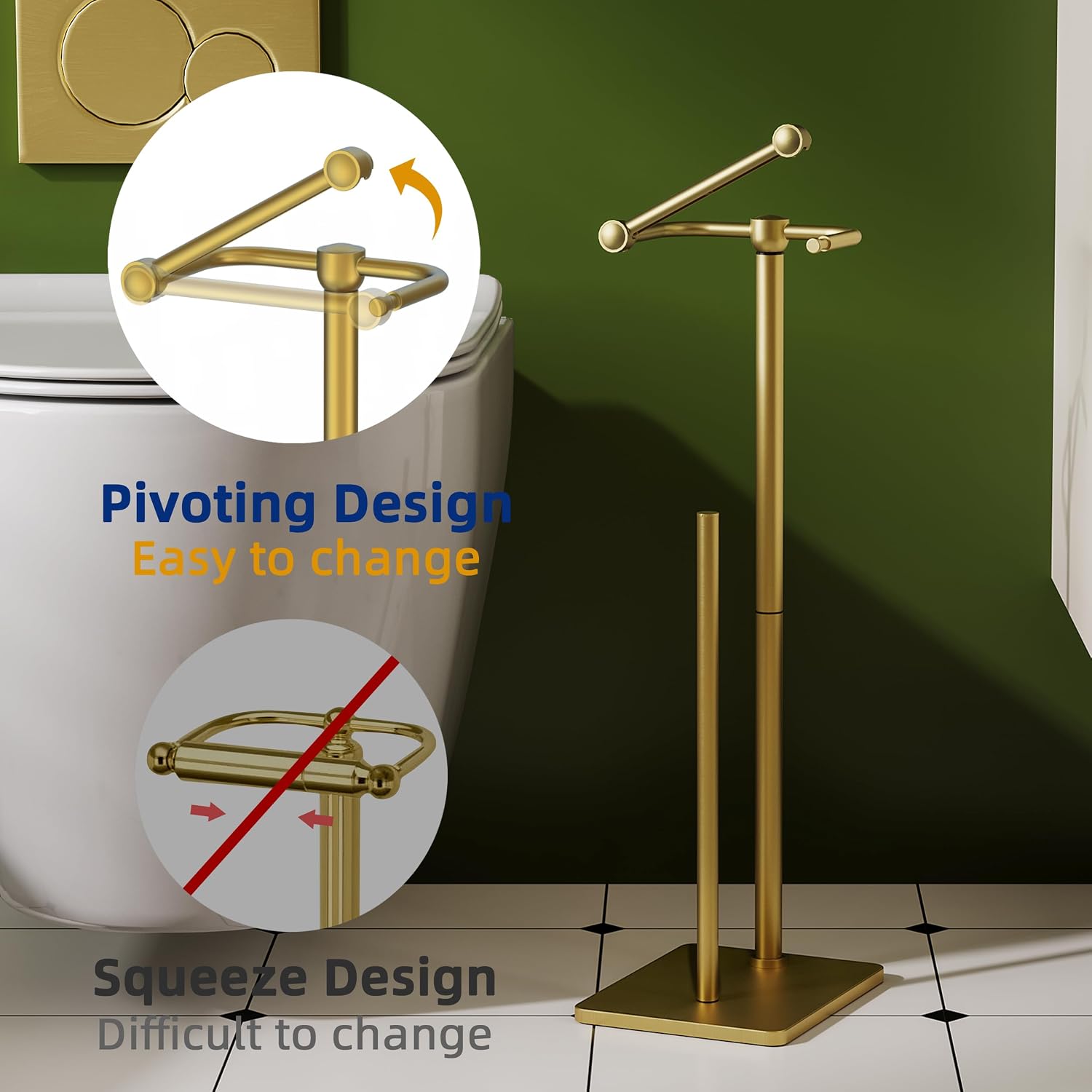 RUACQ Bathroom Toilet Paper Holder Stand with Storage, Brushed Gold | Pivoting Free Standing Toilet Roll Holder, Holds