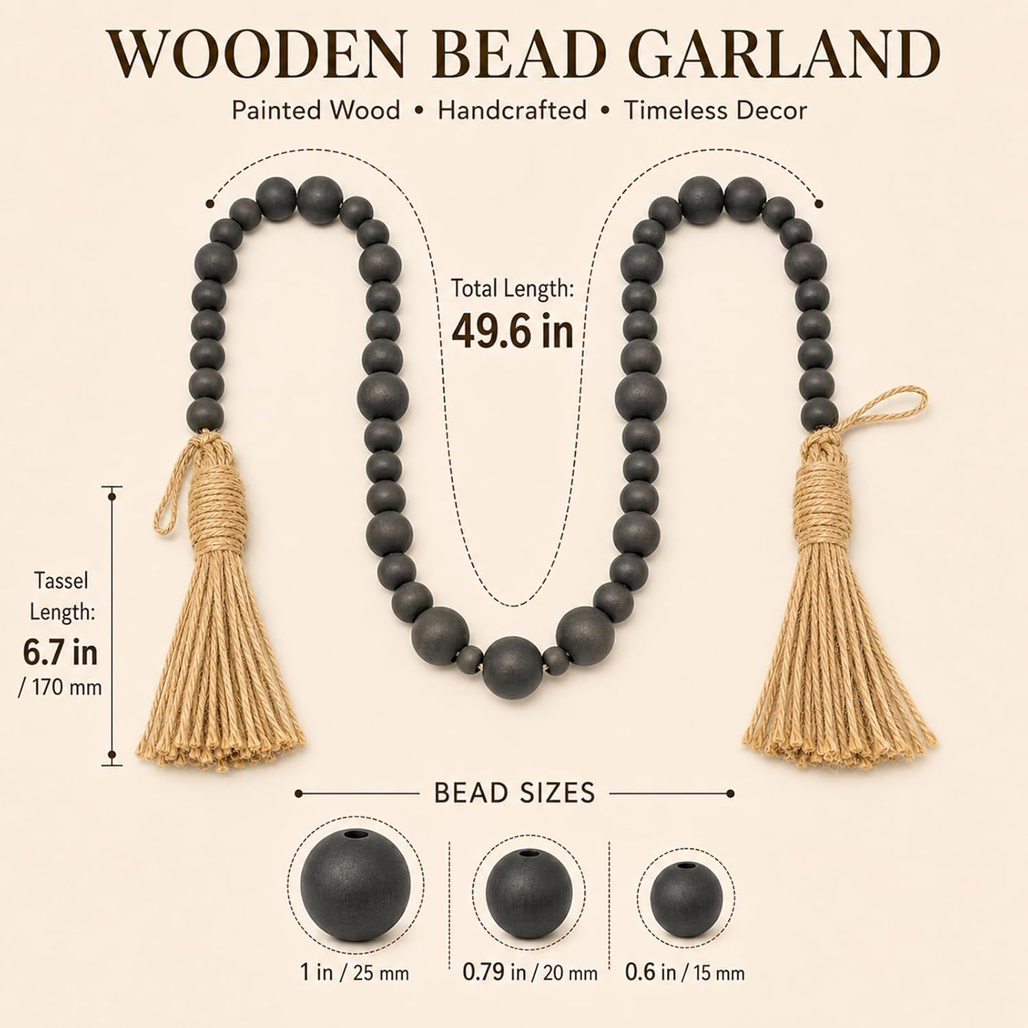 Gray Wood Bead Garland / Grey / 49.6 Inch