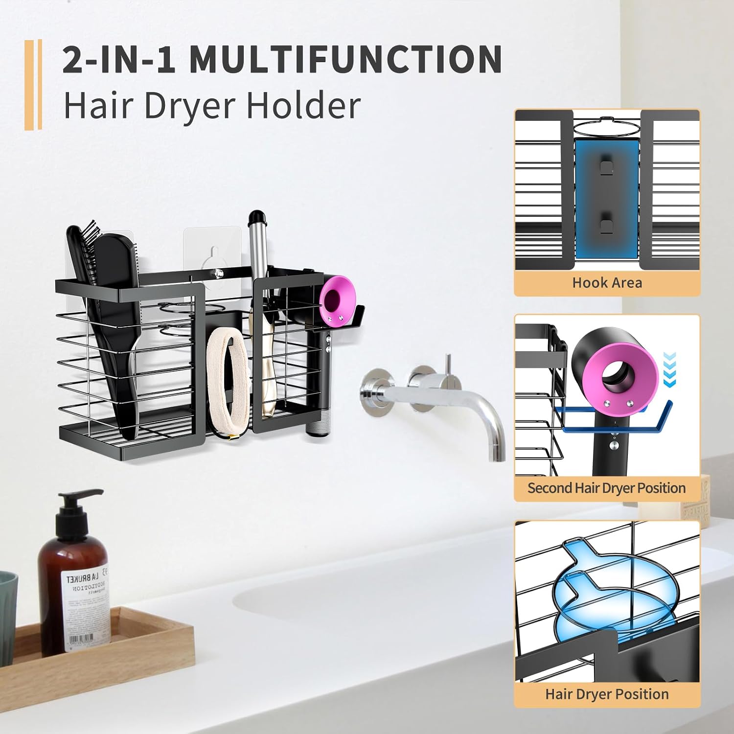 FUNKYLEE Hair Tool Organizer Hair Dryer Holder, 3 in 1 Metal Bathroom Blow Dryer Organizer Wall Mount for Flat Iron