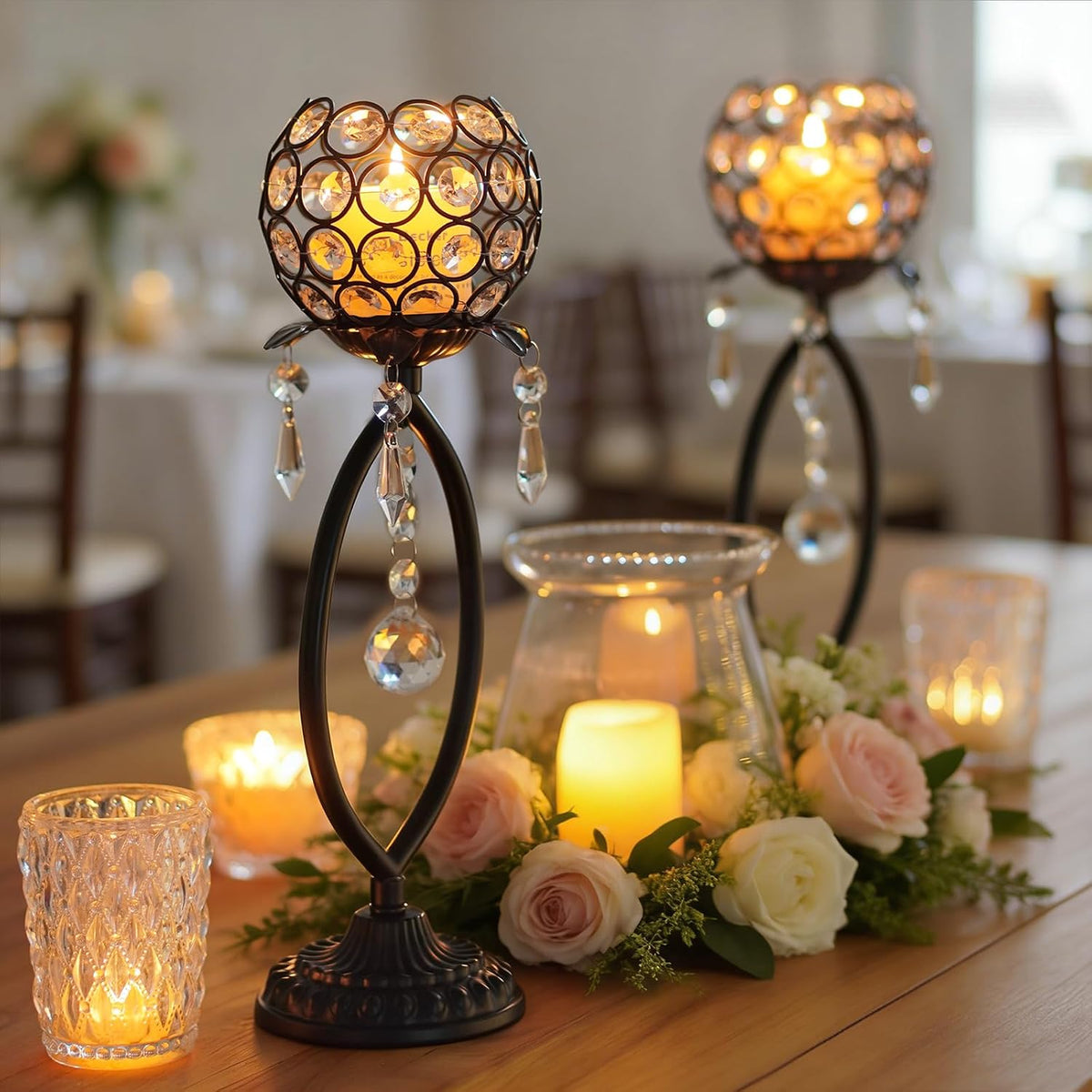 6 Pcs Black Elegant Metal Crystal Tea Light Candle Holders with Crystal Pendants, Hollow Design - Wedding Table
