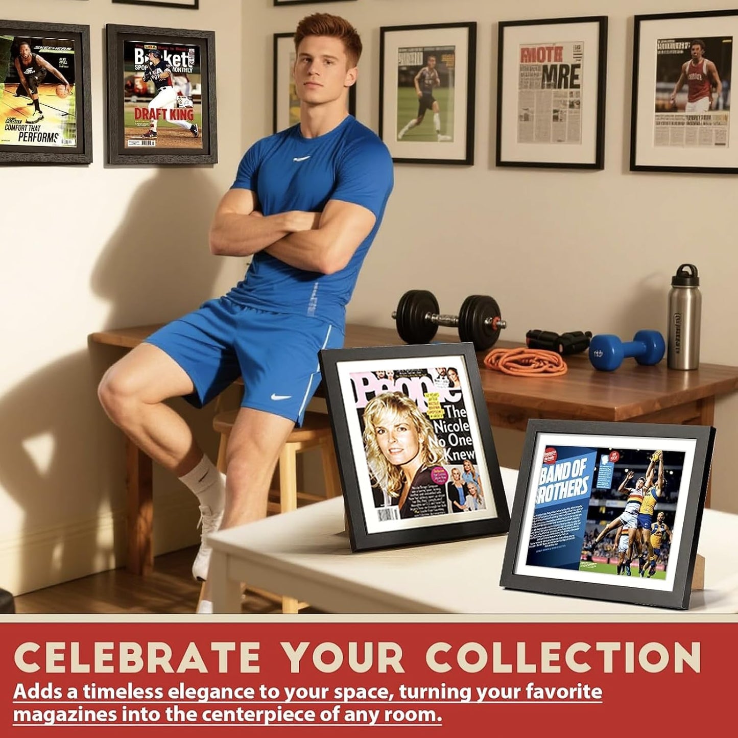 Sports Magazine Frame 4 Pack, Premium Wood Display Case for 8" x 10.5" Magazines, Wall Mount or Tabletop Stand, Layered