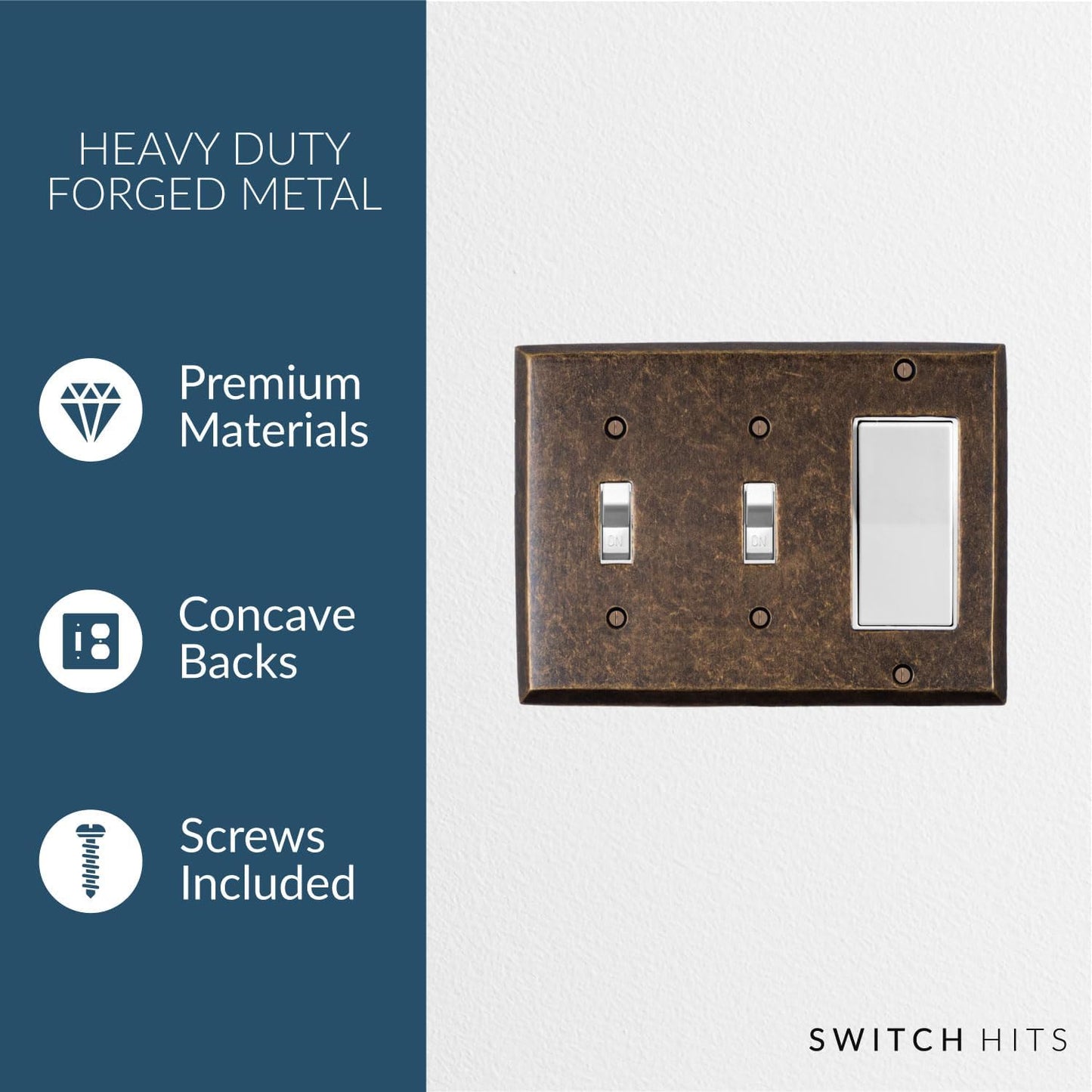 Double Light Switch Plate Outlet Cover GFCI Wall Plate | 2 Toggle - 1 Rocker Mottled Antique Brass Electrical Faceplate