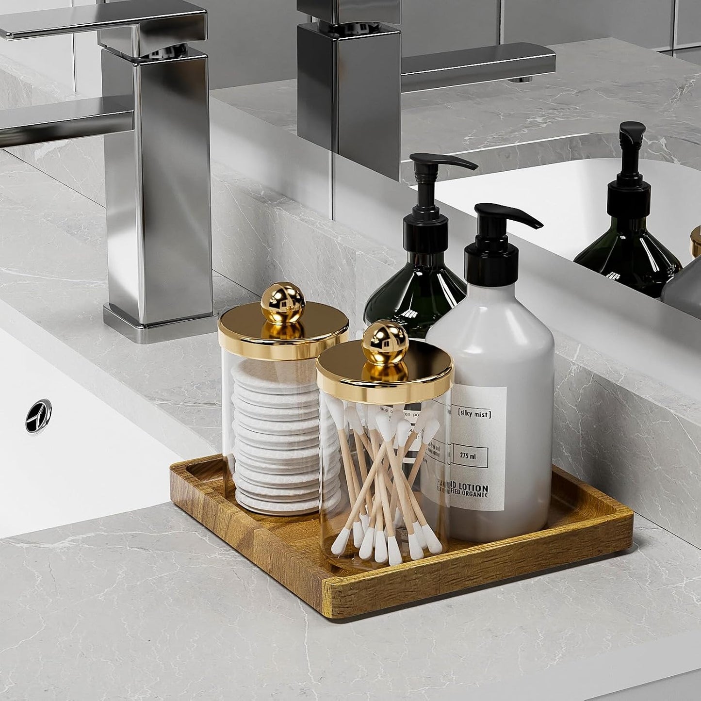 Square Wood Bathroom Vanity Tray for Soap Dispenser / Acacia / 7.9 x 7.9 x 0.8