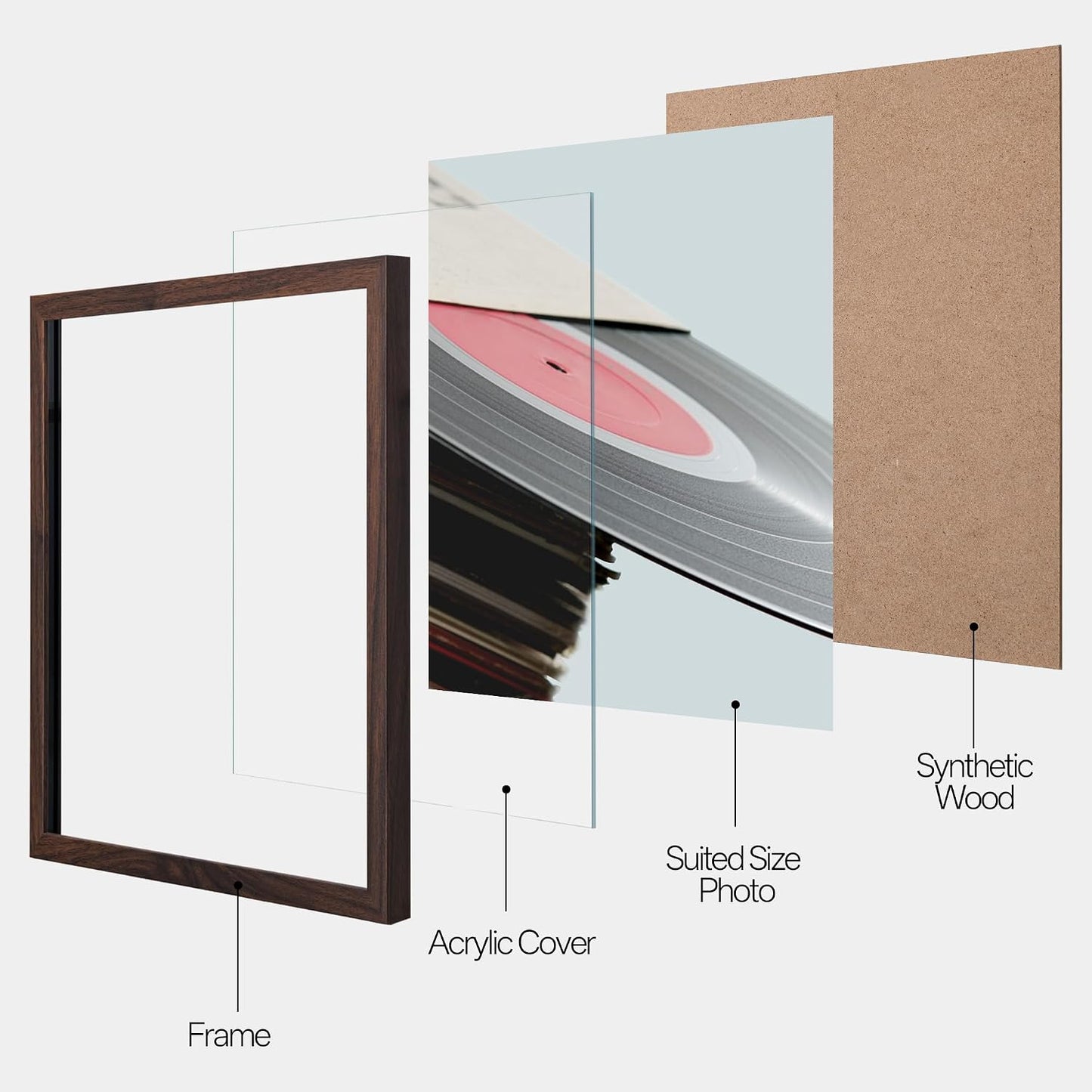 eletecpro Vinyl Record Frame, 12.5 x 12.5 in, Walnut Brown, 4 Pack | Fits 12x12 LP and Album Cover, Easy Wall Mount