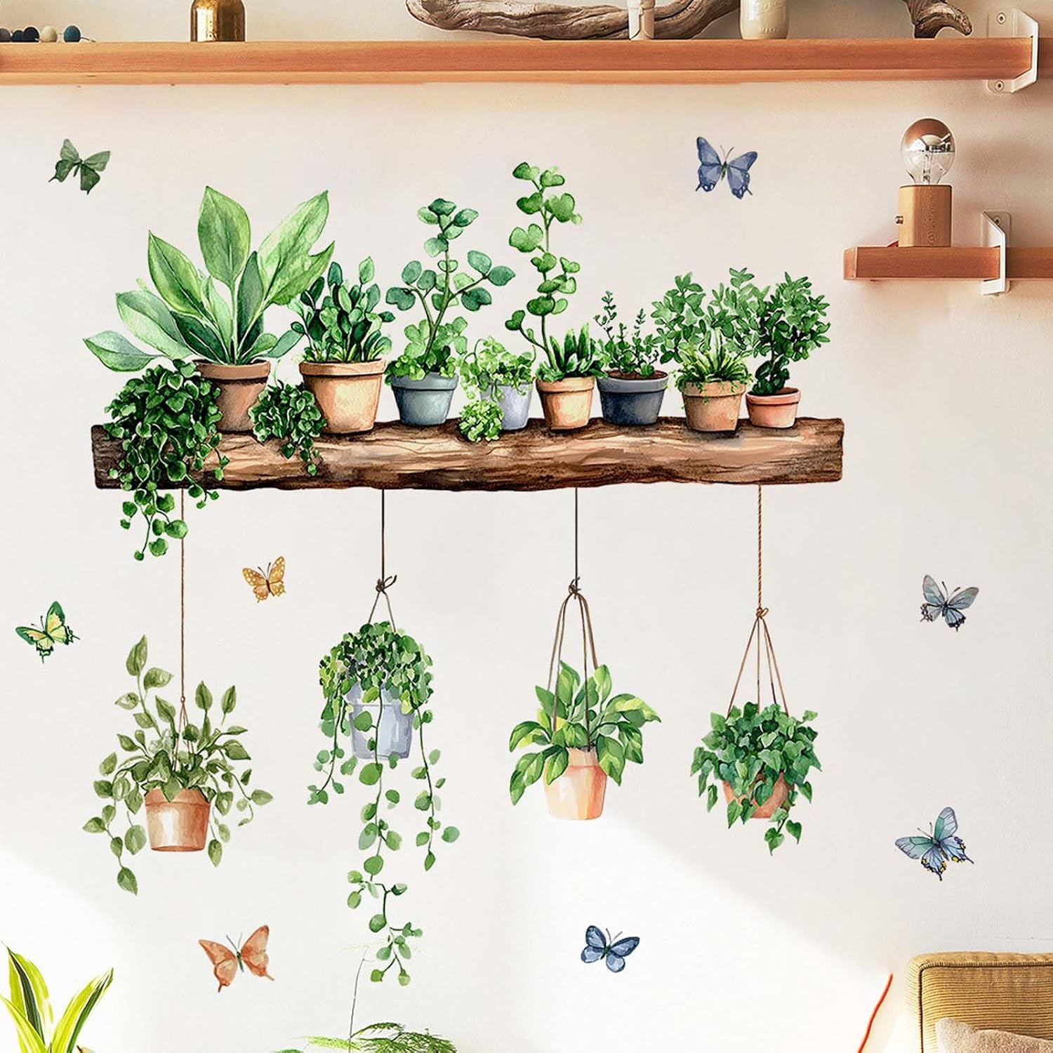 Plant Wall Decals 3D Bonsai Tropical Plant Butterfly Wall Sticker Creative Vinyl Peel / Green