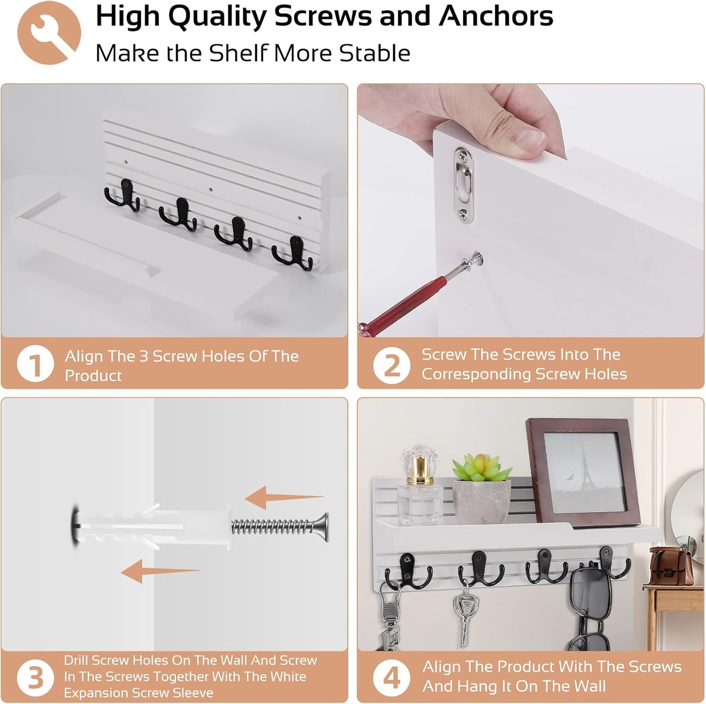 Easy Install Natural Wooden Key and Mail Holder / White