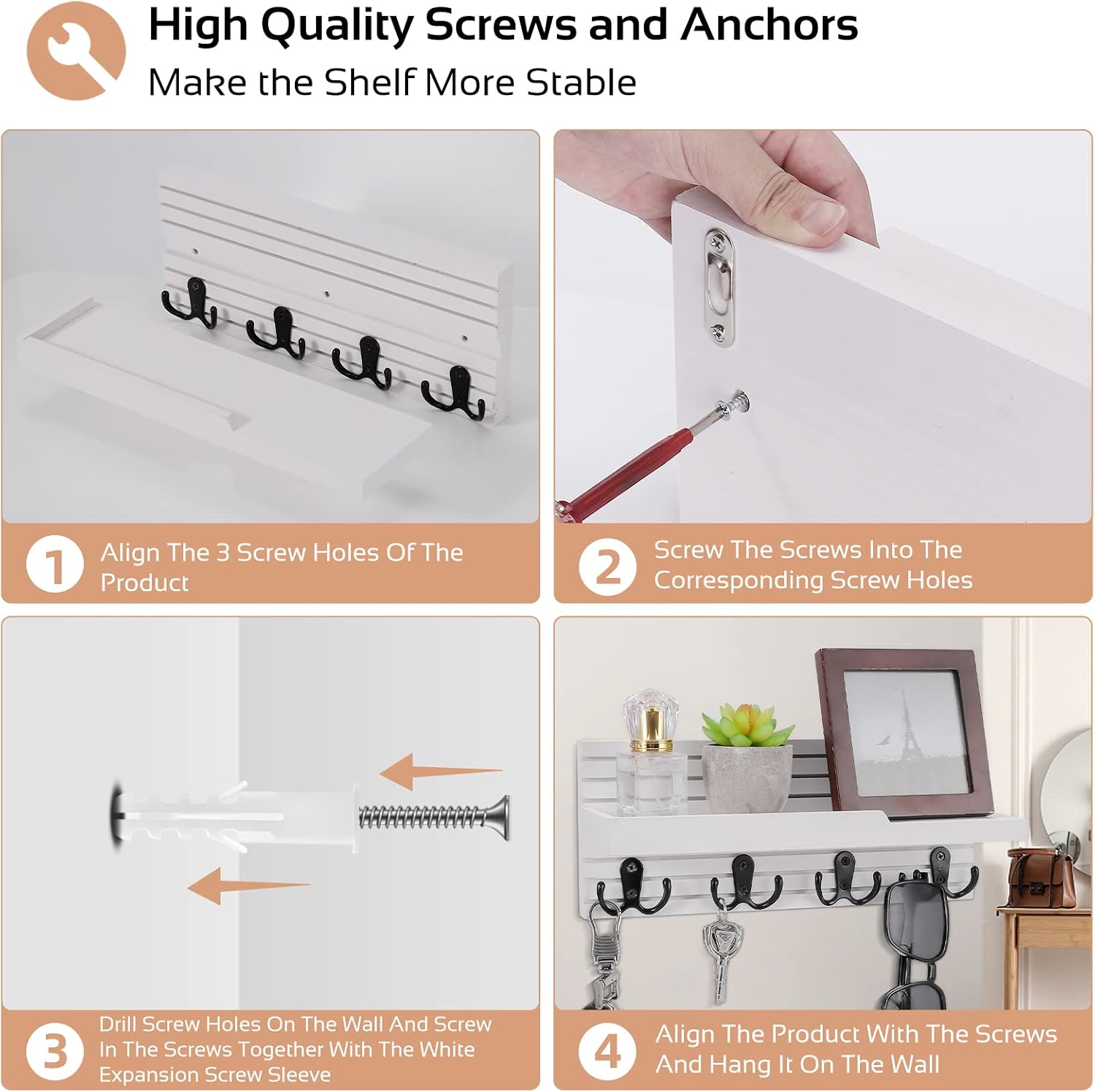 Easy Install Natural Wooden Key and Mail Holder / White