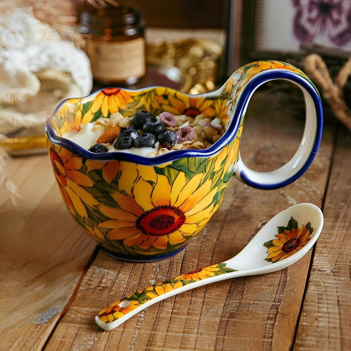 17.64 Oz Microwavable Soup Bowl / Sunflower - Handmade Loop Handle Soup Bowl with Spoon