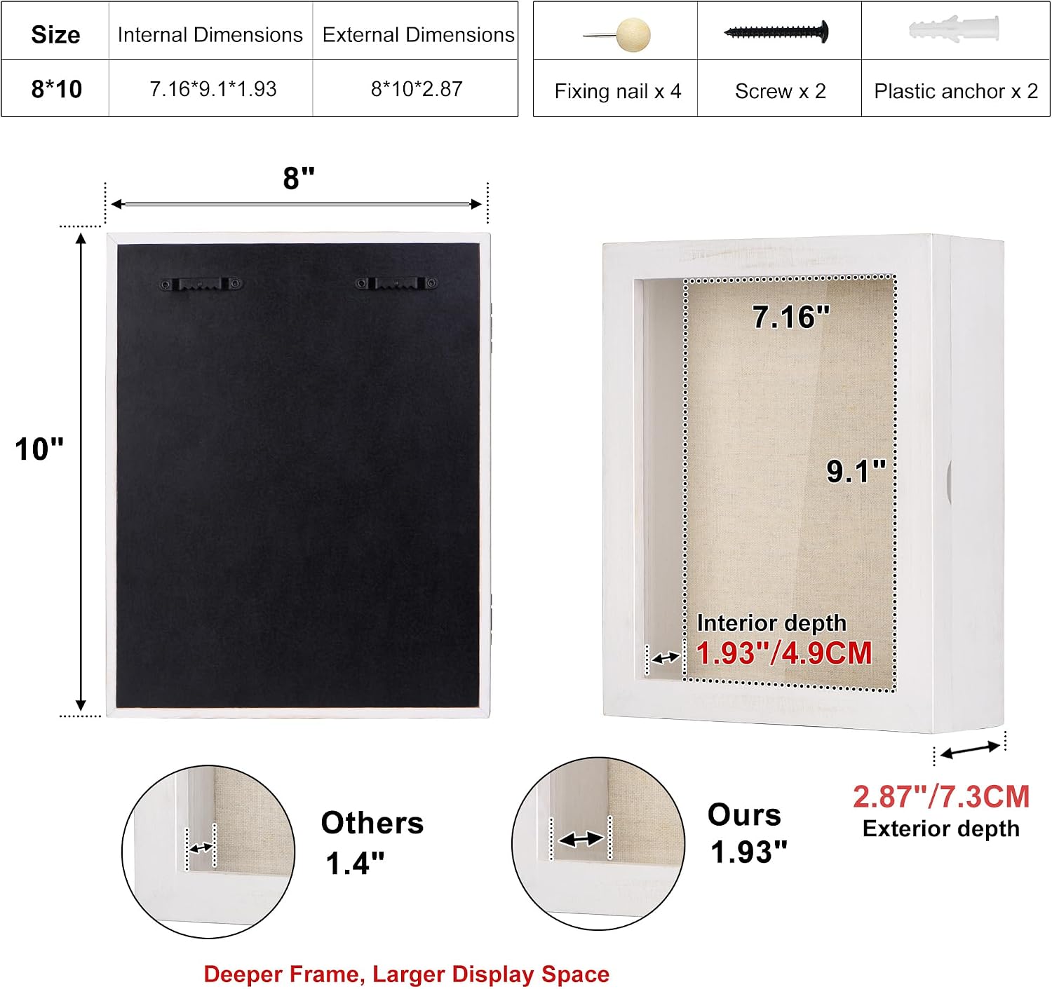 Love-KANKEI Deep Shadow Box 8x10,Solid Wood Frame,Memory Box,Rustic White | Front-Opening Glass Magnetic Door,Linen