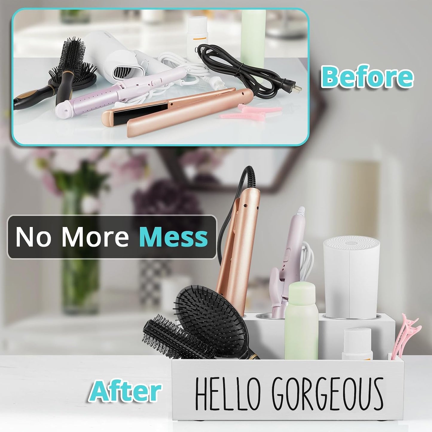 Bivvclaz Hair Tool Organizer, Wooden Hair Dryer Holder Countertop, Wall Mount Hot Tools Organizer for Hair Styling