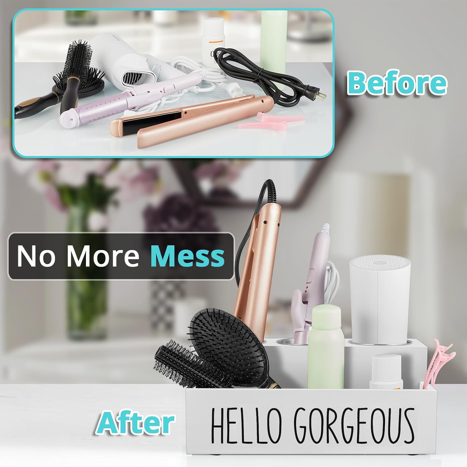 Bivvclaz Hair Tool Organizer, Wooden Hair Dryer Holder Countertop, Wall Mount Hot Tools Organizer for Hair Styling
