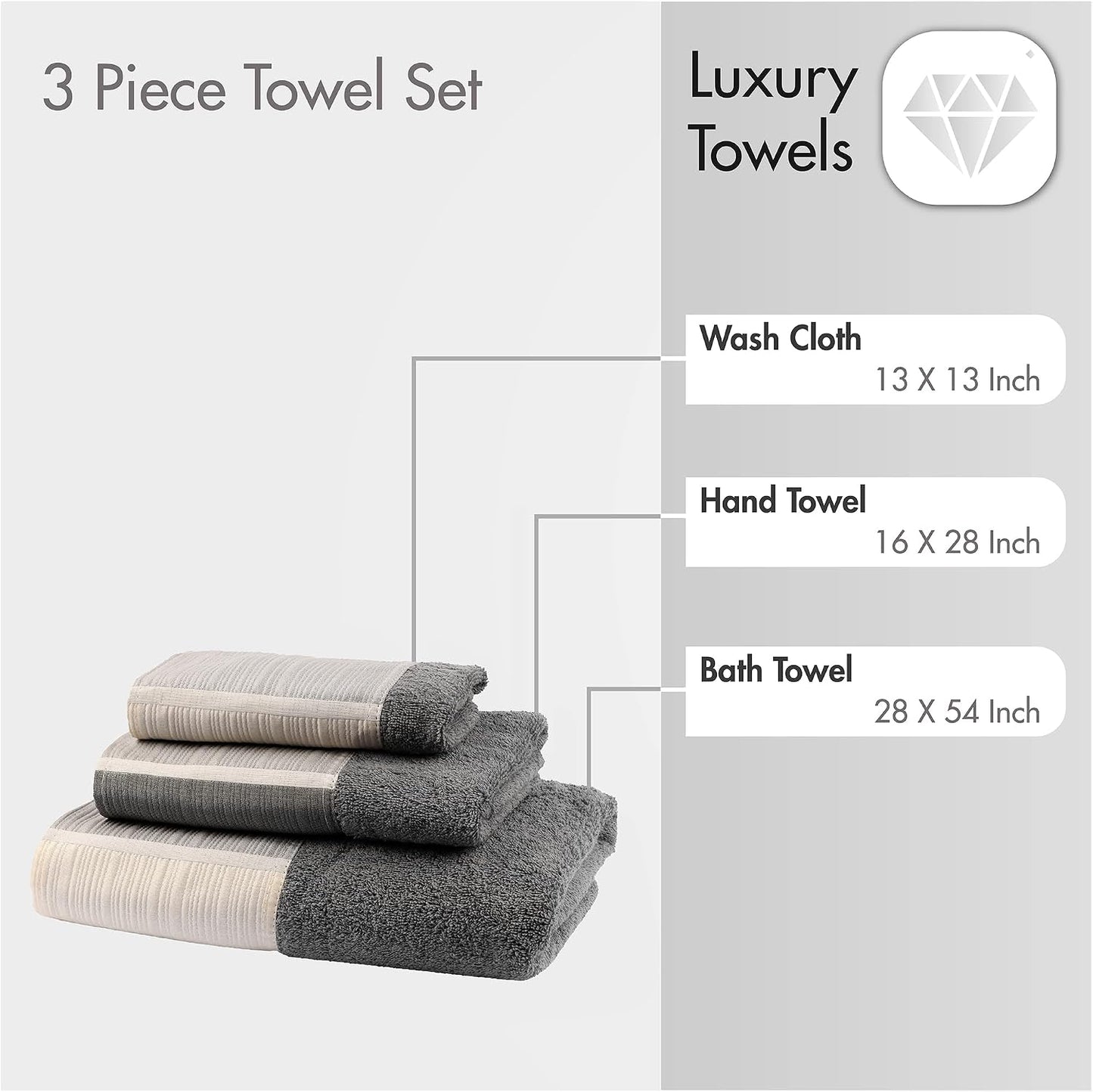 Zahari Home Modern Line Towel Set - 3-Piece Bath Ensemble with Unique Design - Luxury Bath, Hand, and Wash Towels