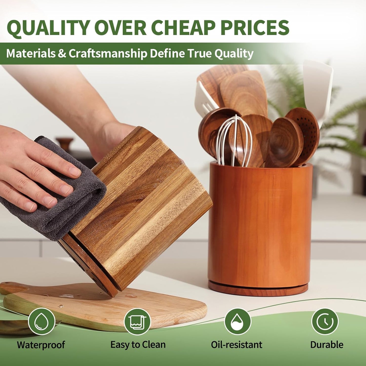 Acacia Wood Utensil Holder, 360° Rotating 7.3 in Kitchen Organizer | Rustic farmhouse countertop decor. Rotating base