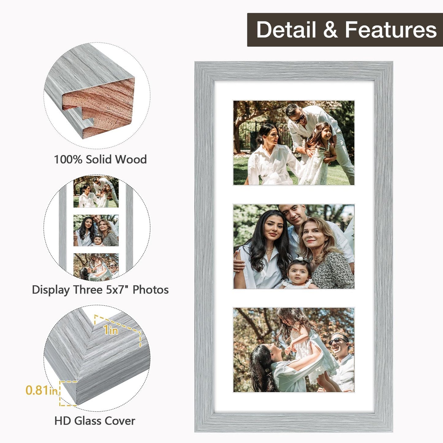 Golden State Art 9x18 Grey Wood Frame - for Three 5x7 Pictures, 3 Pack | Matted to 3 5x7 Picture,Solid Wood Collage