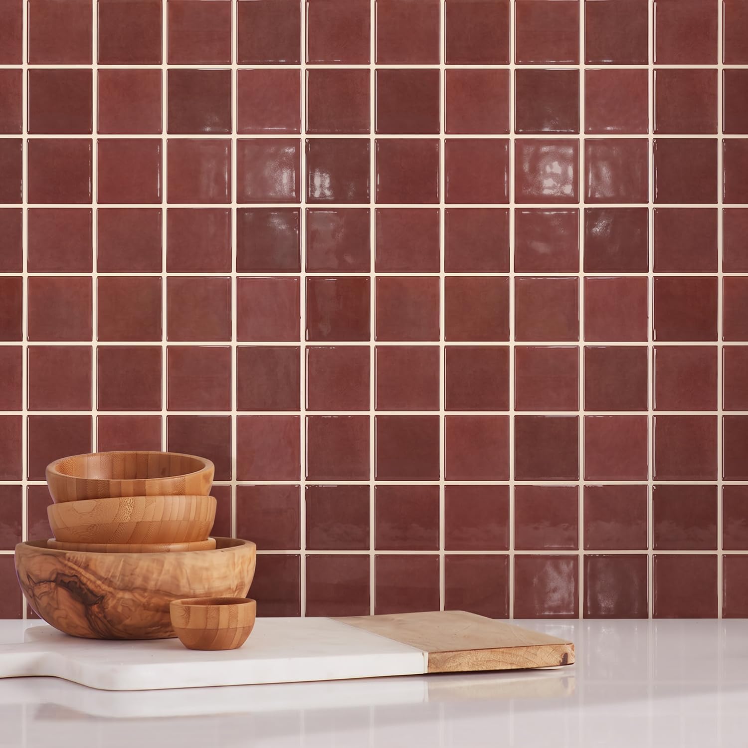 Thicker Dark Peel and Stick Backsplash Tiles- of "-3D Adhesive / ST-SM-A / Red / 12 x 12 / Set of 10