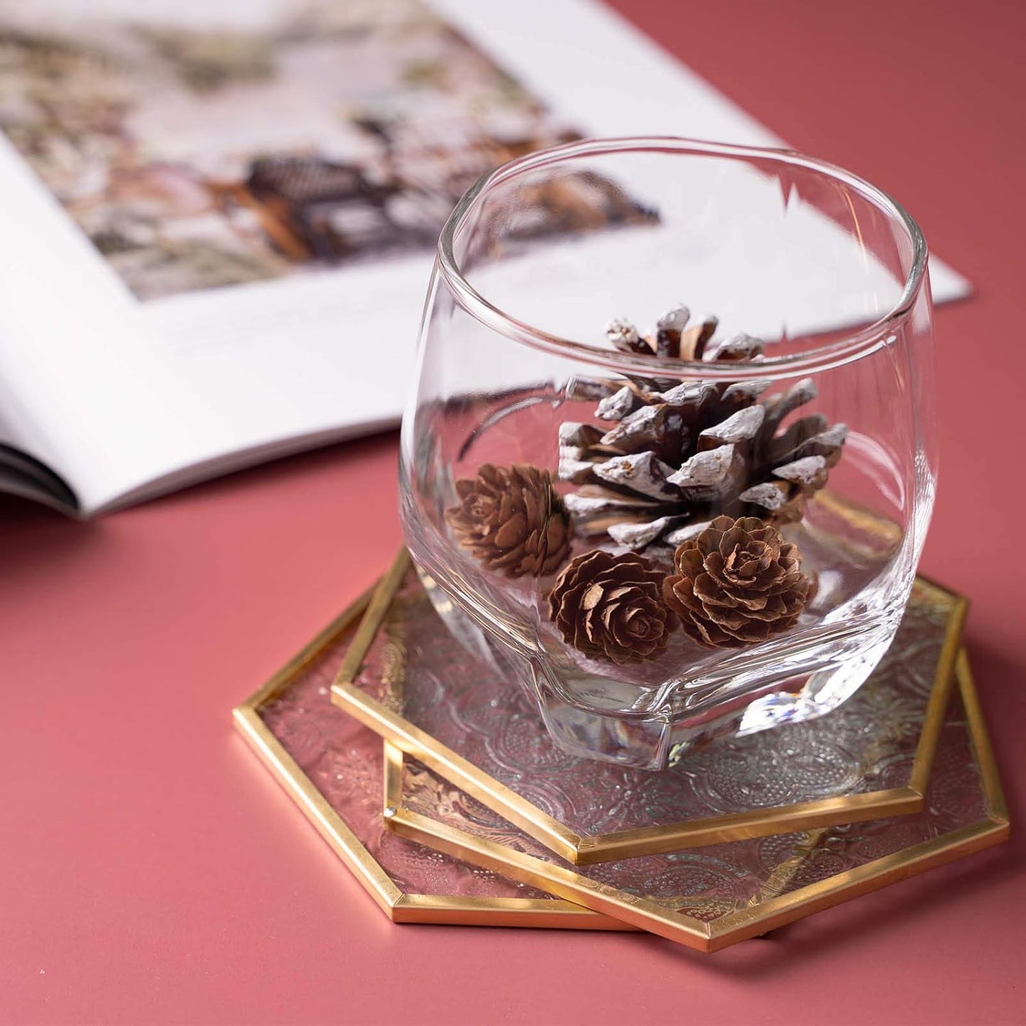 Glass Coasters for Drinks / Square and Hexagonal / Gold / Set of 6