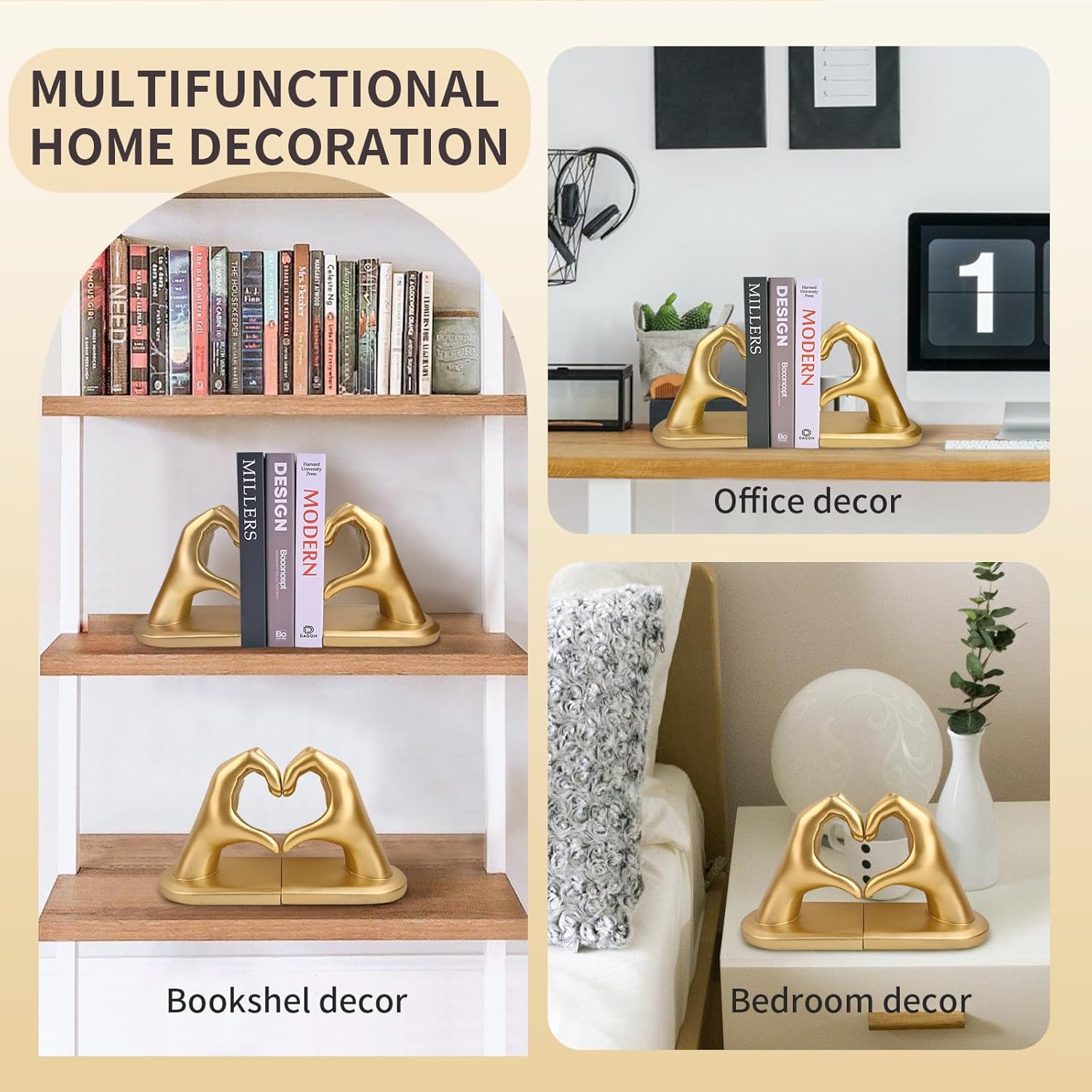 Decorative Bookends / Heart Hands Book Ends Sculpture Aesthetic Decor / Gold