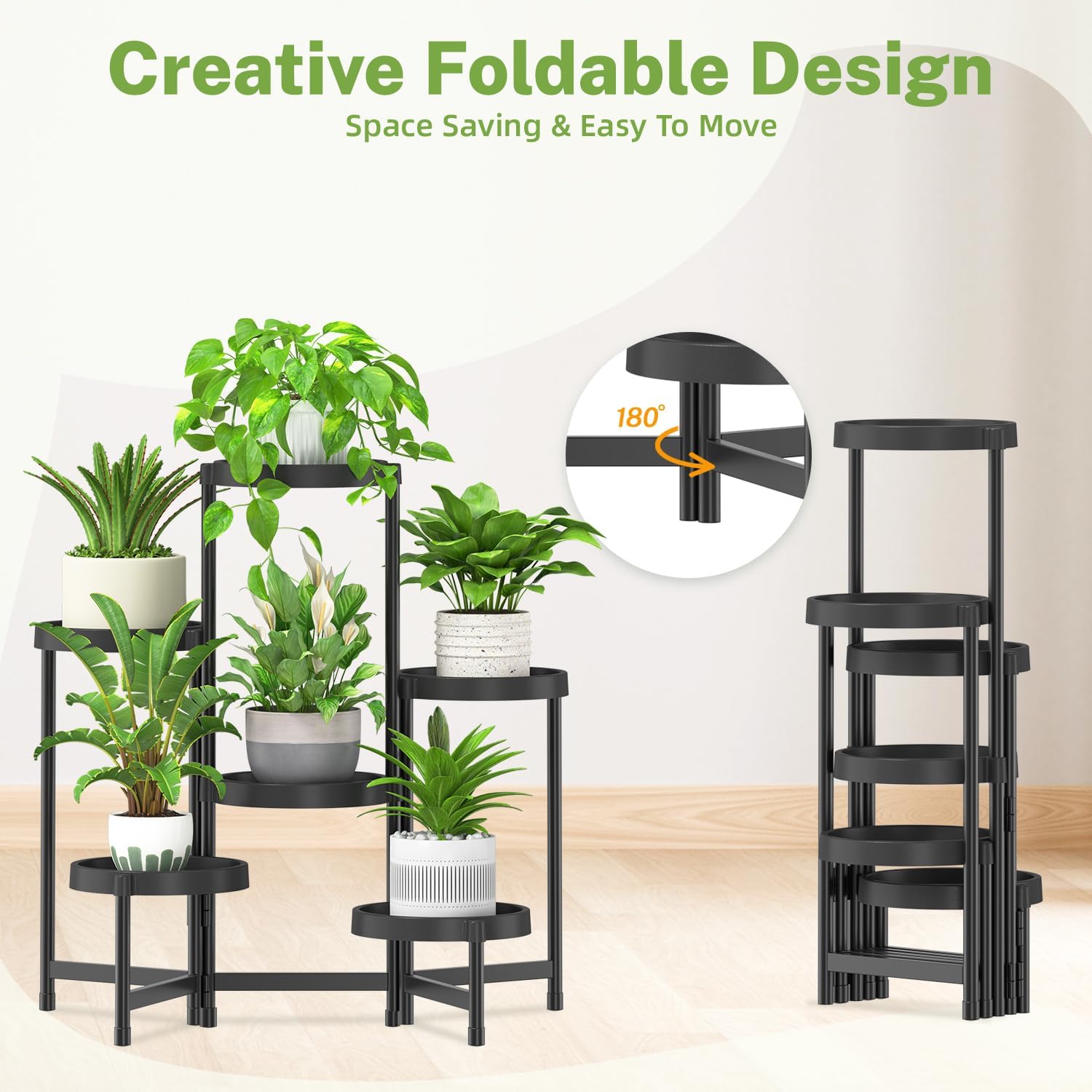 iDavosic.ly 6 Tier Folding Plant Stand Indoor Outdoor, Plastic Tray, Black | Space Saving Tiered Corner Storage Display