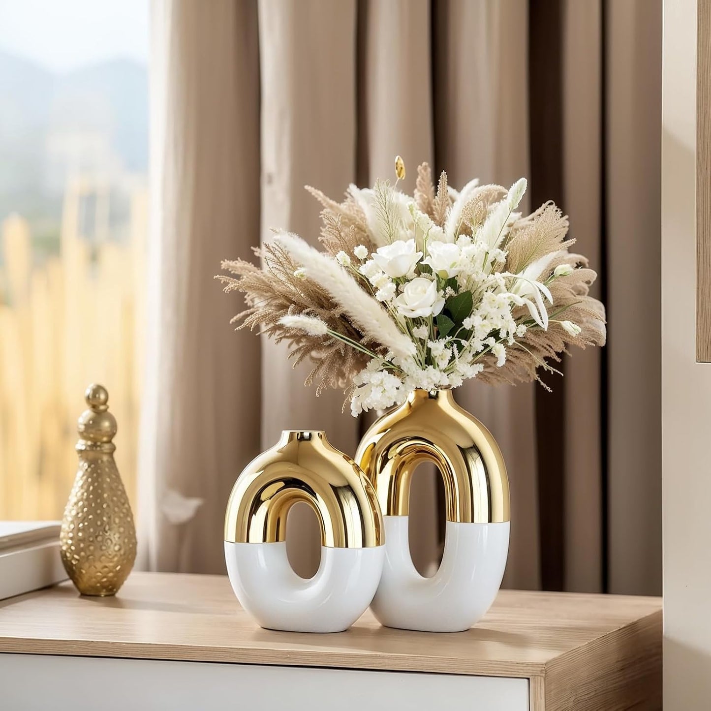White and Gold Ceramic Vase Set Home Decor / White Gold