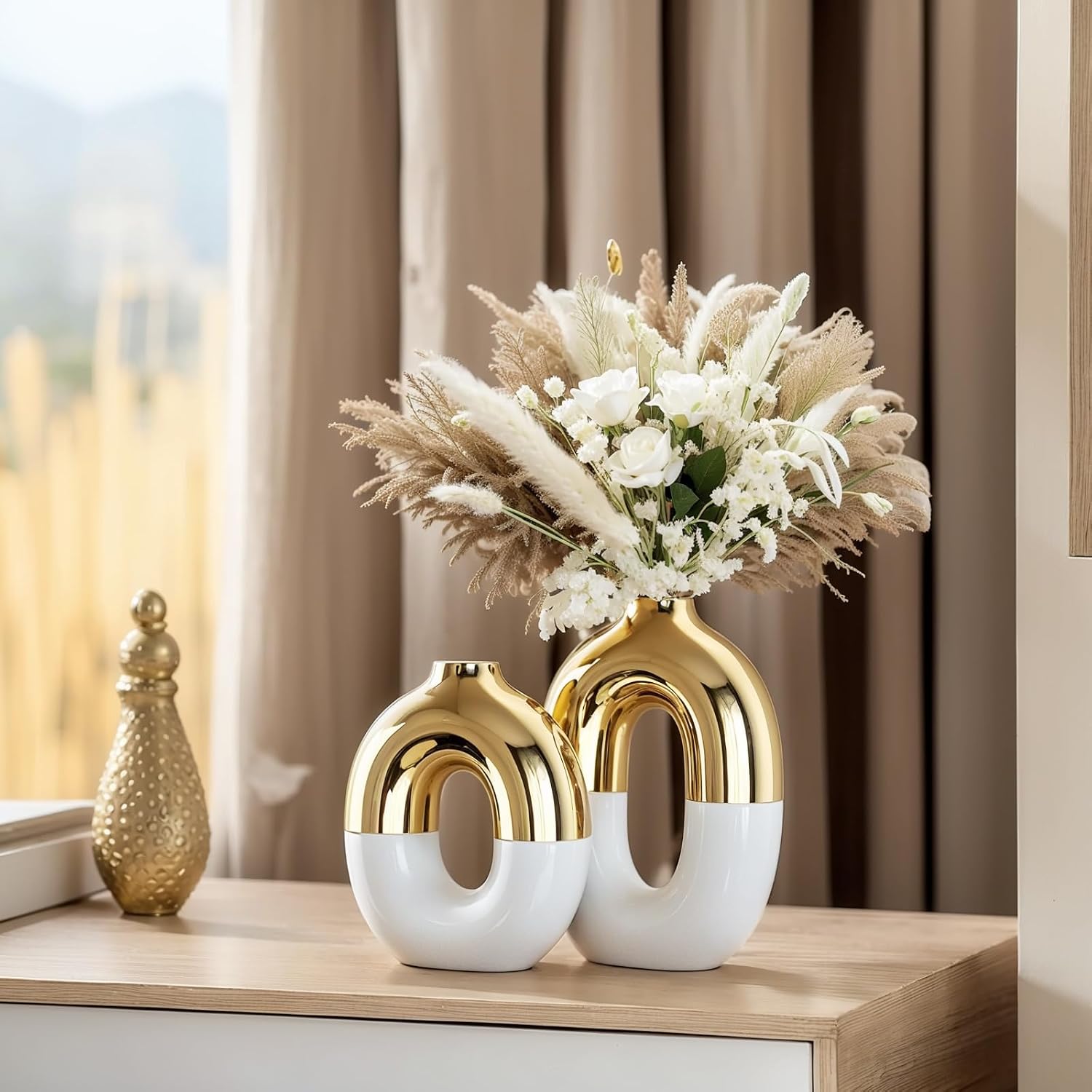 White and Gold Ceramic Vase Set Home Decor / White Gold