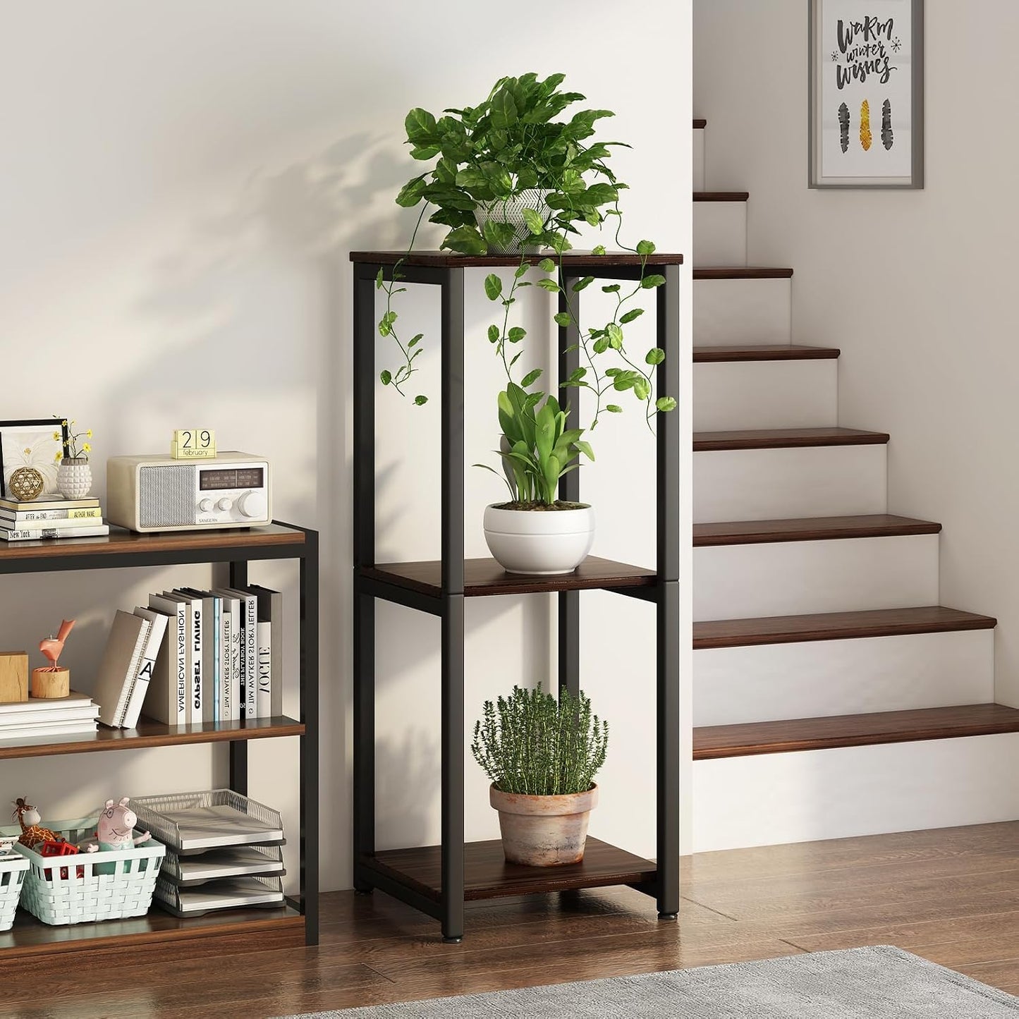 3 Tier Plant Stand Indoor Corner Tall Square Shape Plant Shelf | Modern Metal MDF board Flower Storage,Suitable tight