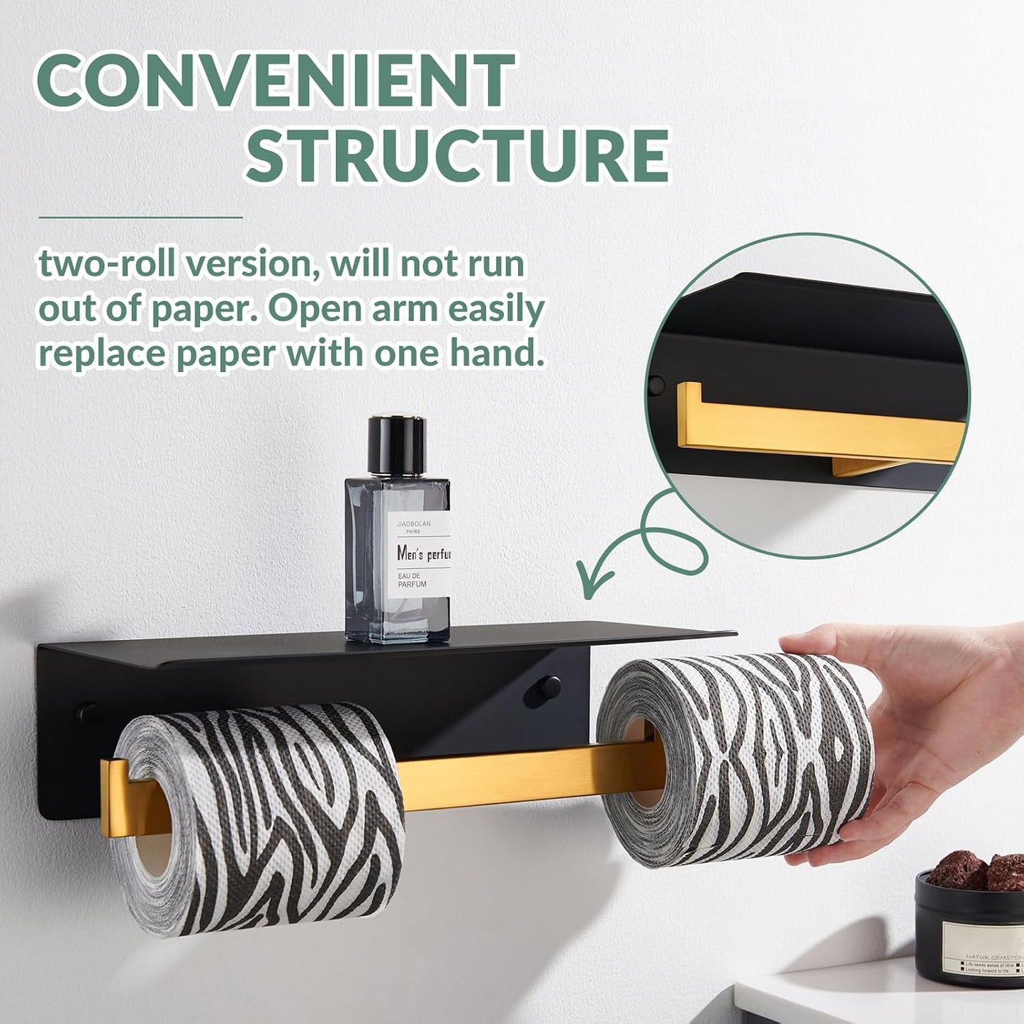 APLusee Double Toilet Paper Holder with Shelf, Black Gold, Wall Mounted | 304 Stainless Steel Tissue Holder, Rustproof