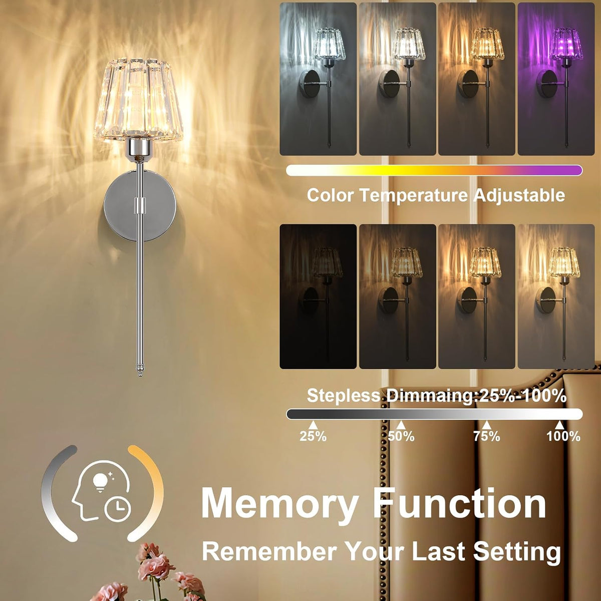 Battery Operated Crystal Wall Sconce Set of 2, Chrome Rechargeable Wireless Wall Sconces with Remote Dimmable 12 Colors