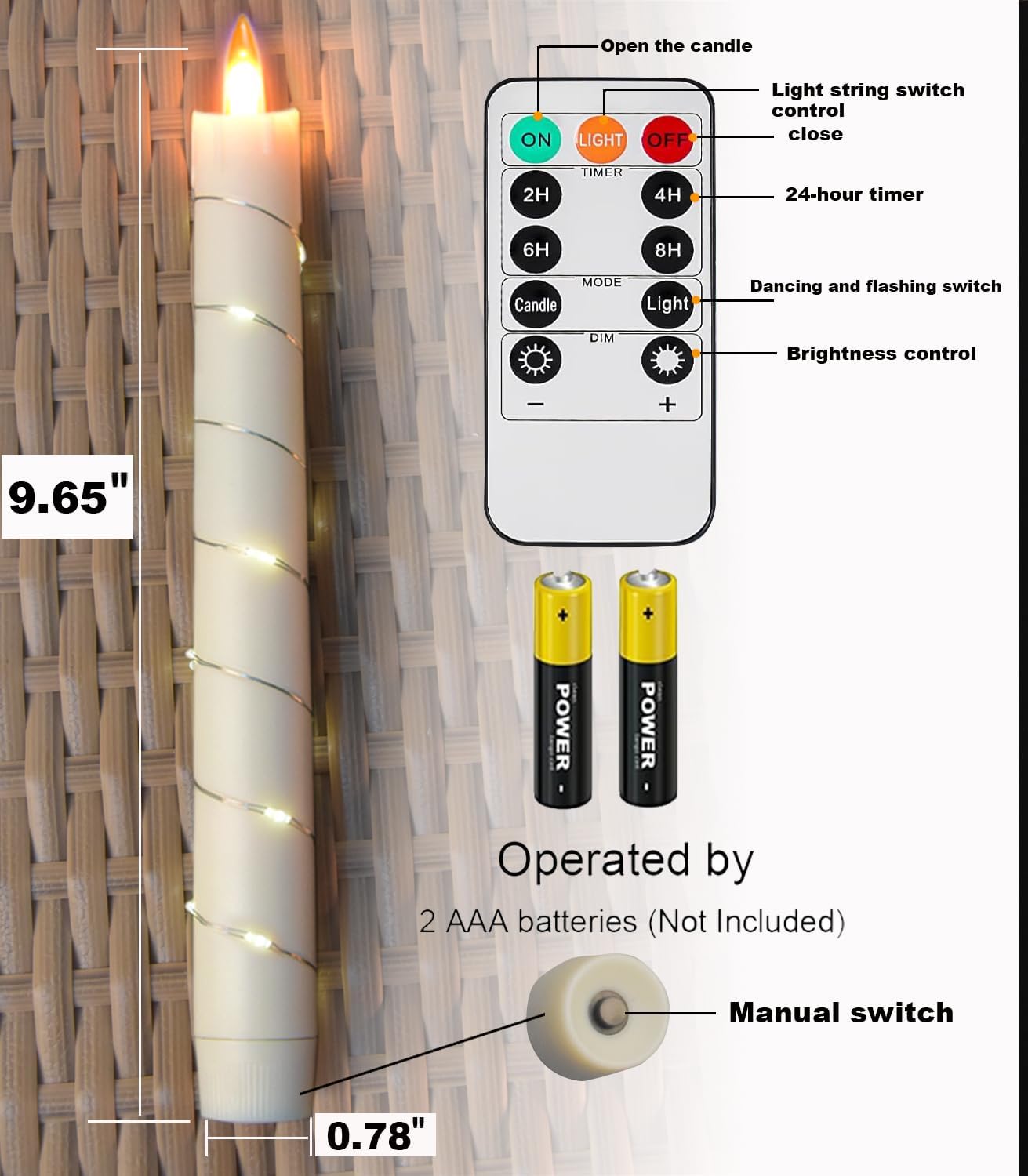 danip flameless Cone Candle, Patented Starlight String, with 11 Timing Key Remote Control, Battery Powered, Patented