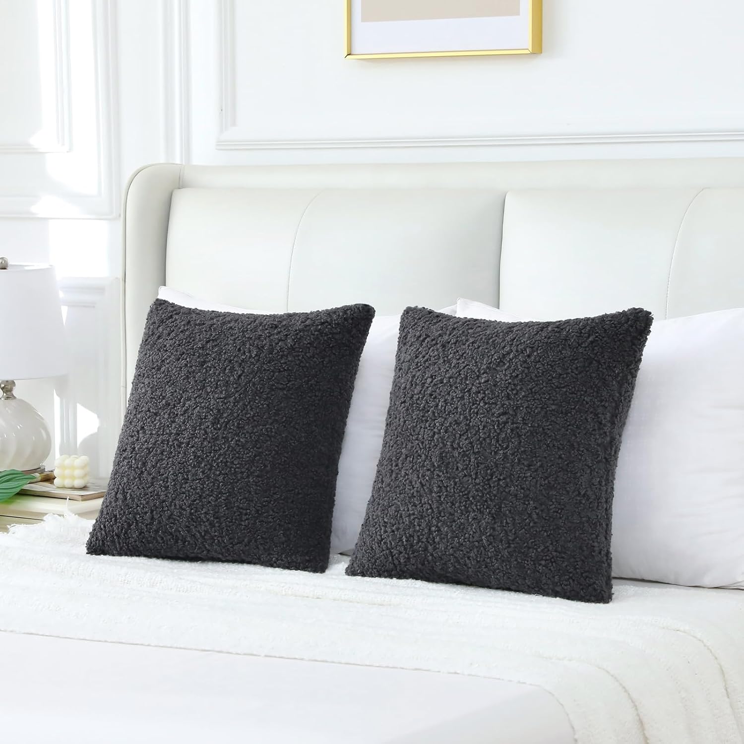 Furry Faux Fur Teddy Boucle Textured Cushion Covers / Charcoal / 16 x 16 / Set of 2