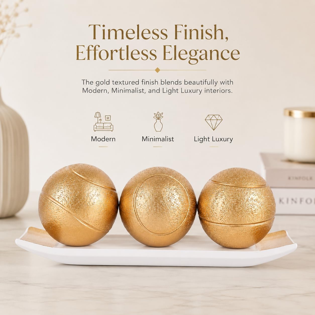 Small Decorative Tray and Orbs Balls Set / White Gold