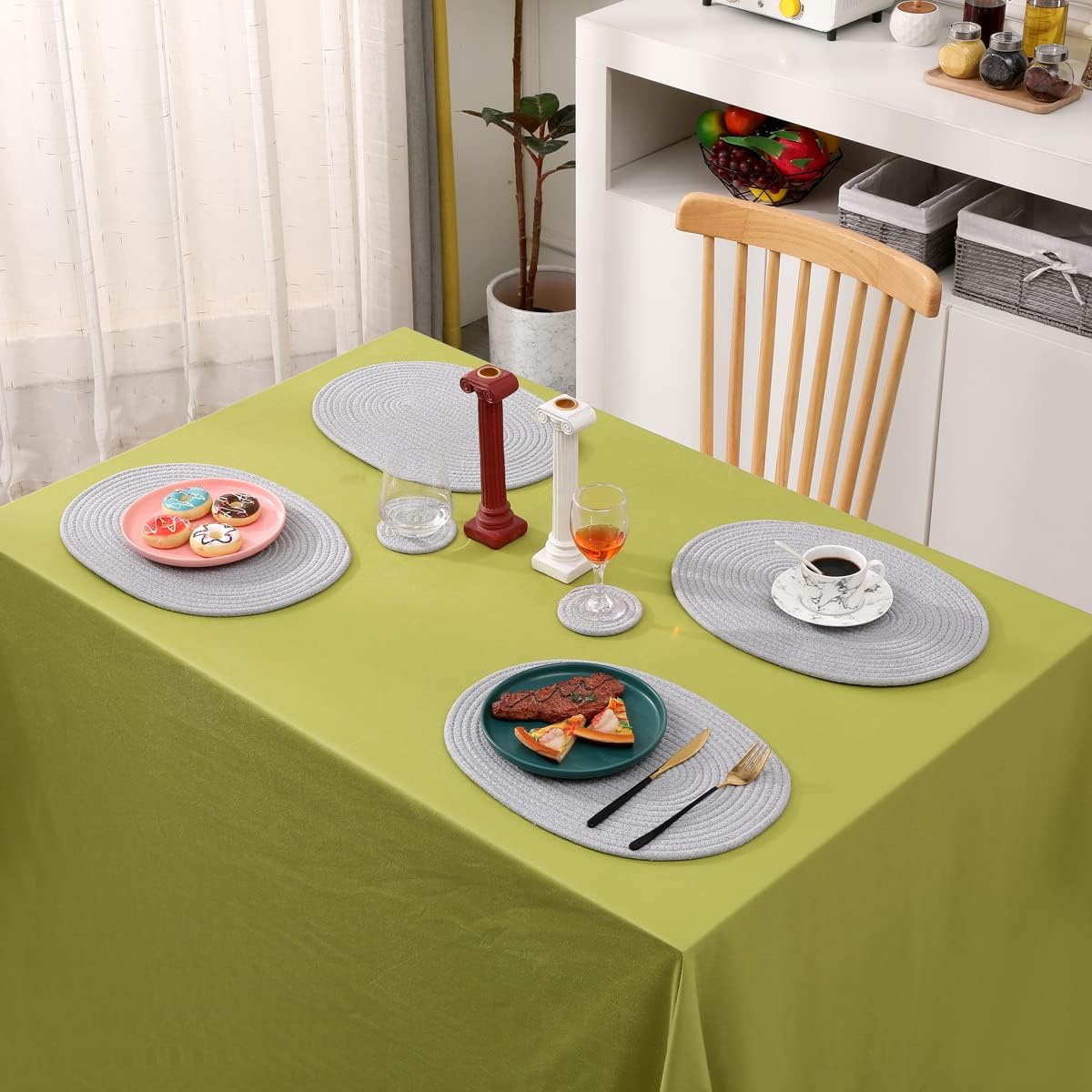 6 Pack Woven Placemats, 12x16 inches Gray Oval Plate Charger Cotton Heat Resistant Non-Slip Weave Place mats Farmhouse
