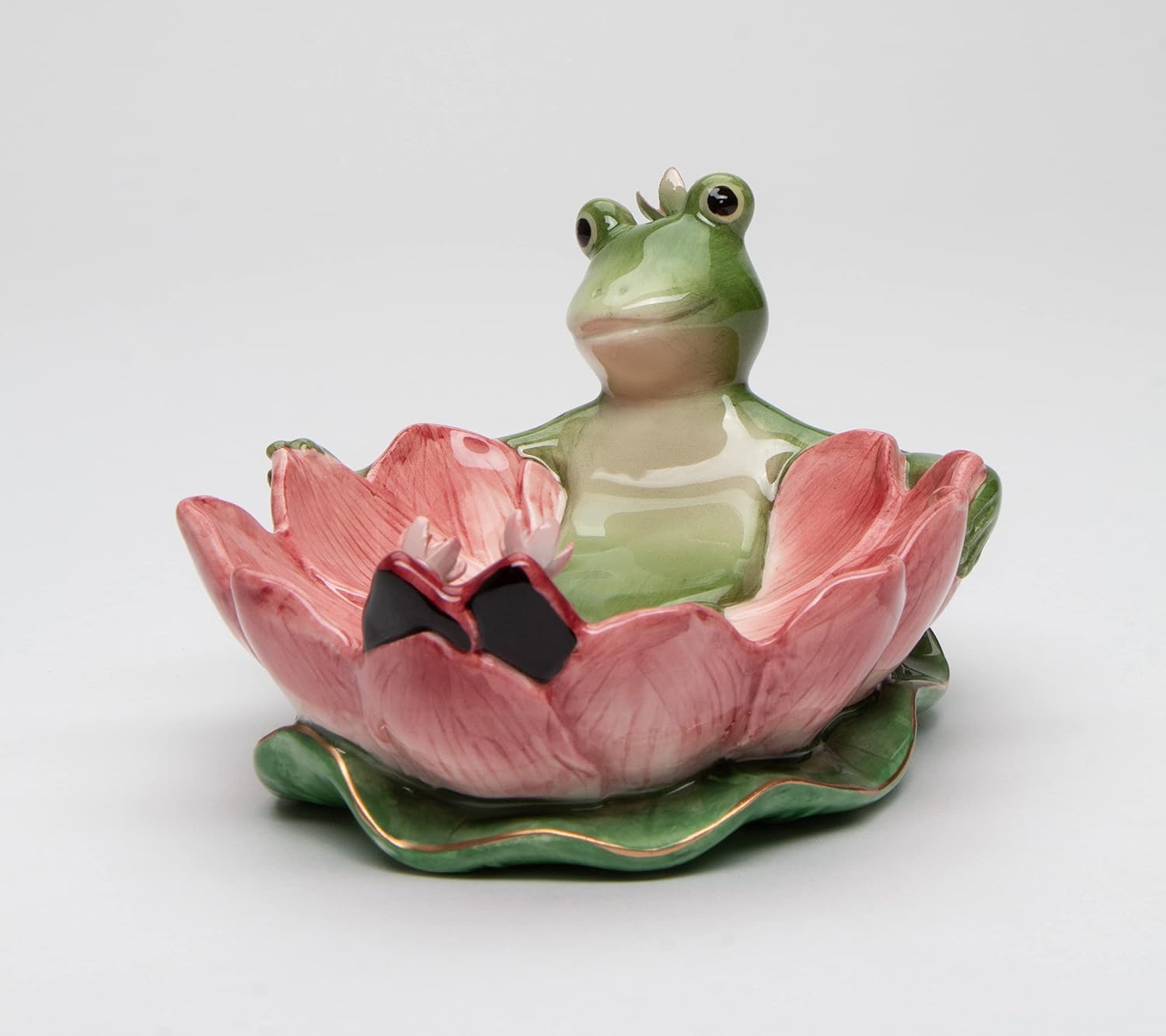 Fine Ceramic Hand Painted Lady Frog on Water Lily Lotus Flower Soap Dish or Nic Nac Dish or Jewelry