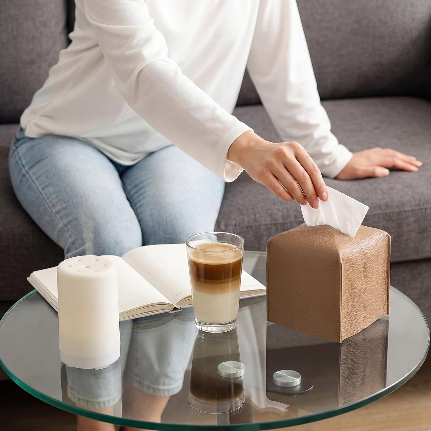 Tissue Box Cover Square PU Leather Tissue Box Holder Modern Facial Paper / Caramel Color / Set of 3