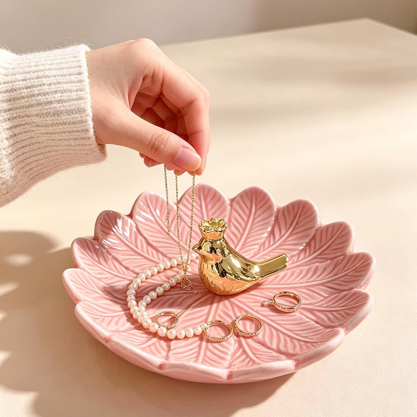Golden Bird Ceramic Ring Holder Dish for Women / Pink