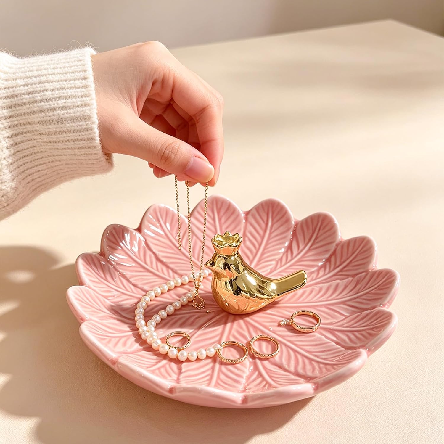 Golden Bird Ceramic Ring Holder Dish for Women / Pink