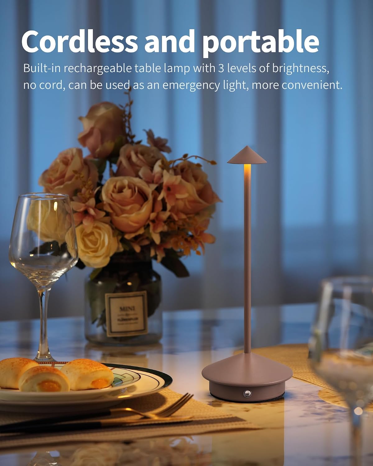 Modern Cordless Table Lamp Set of 2, Brown Portable LED Desk Lamps | 5000mAh, Rechargeable, Battery Operated Lighting