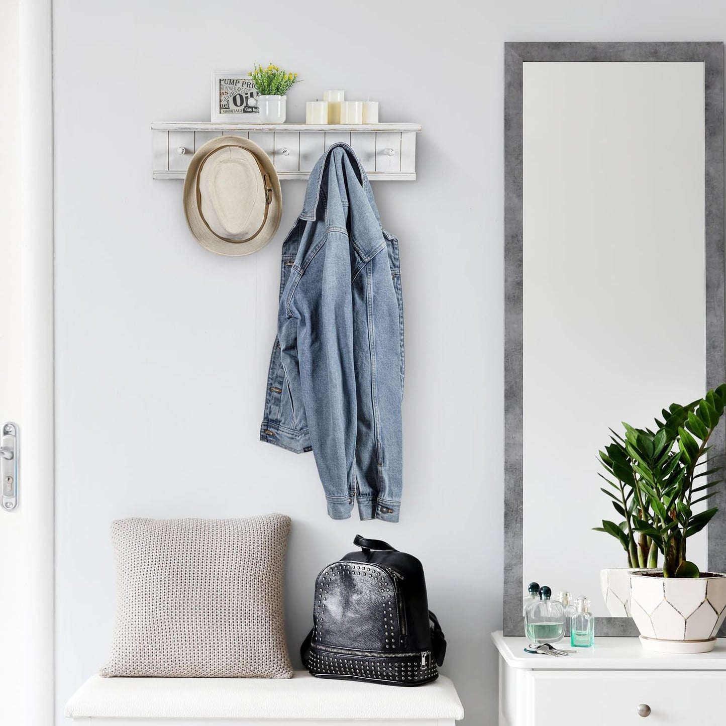 MyGift Wall Mounted White Wood Bathroom Shelf with 5 Hooks Towel Rack | Open Display Shelving with Five Hanging Pegs