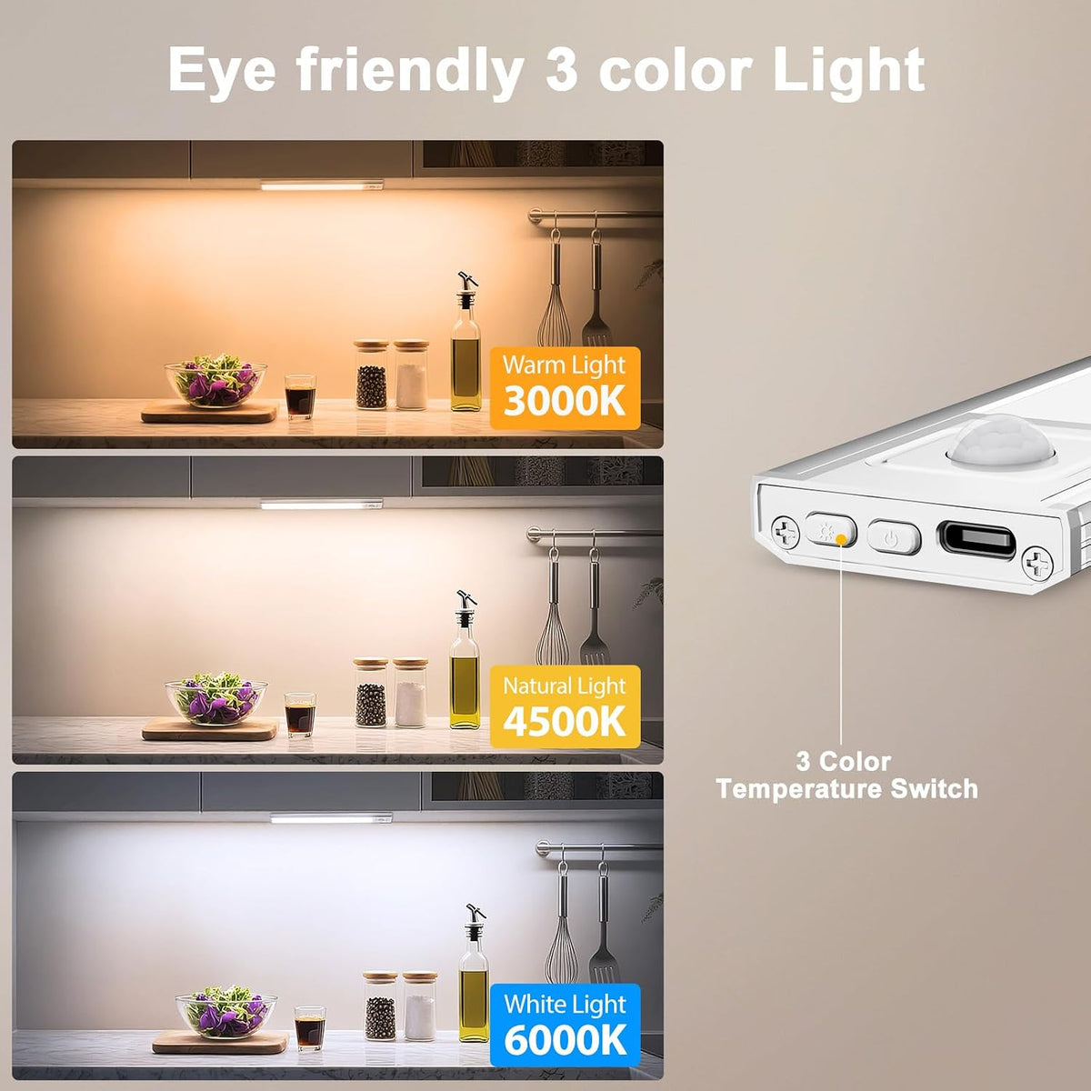 Onforu 13.8" Under Cabinet Lighting, 2700mAh USB-C Rechargeable, Motion Sensor Under Cabinet Lights with 3 Color &