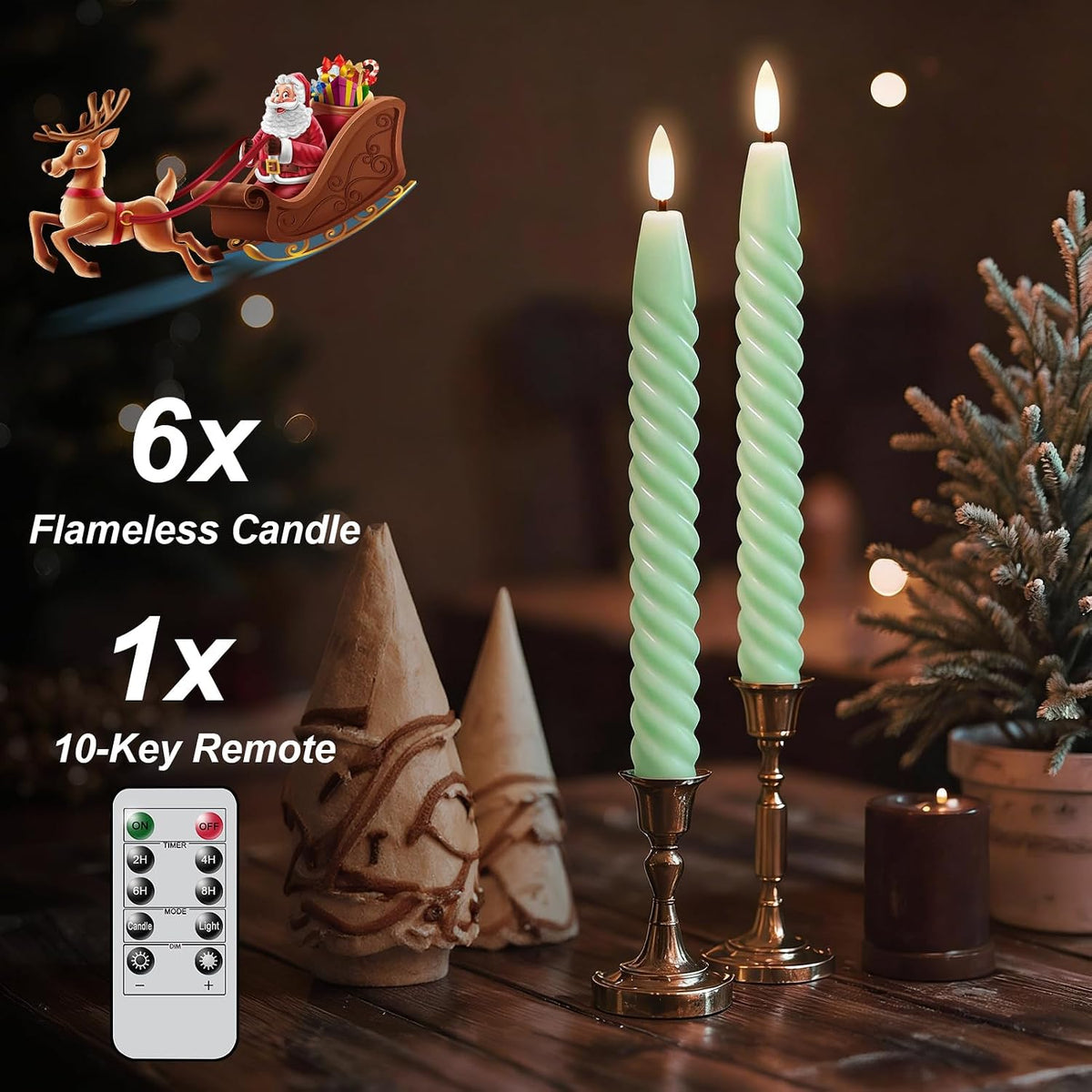 Green Flameless Taper Candles Flickering with Remote Timer | LED Spiral Taper Candles, Flameless Candlesticks, Battery