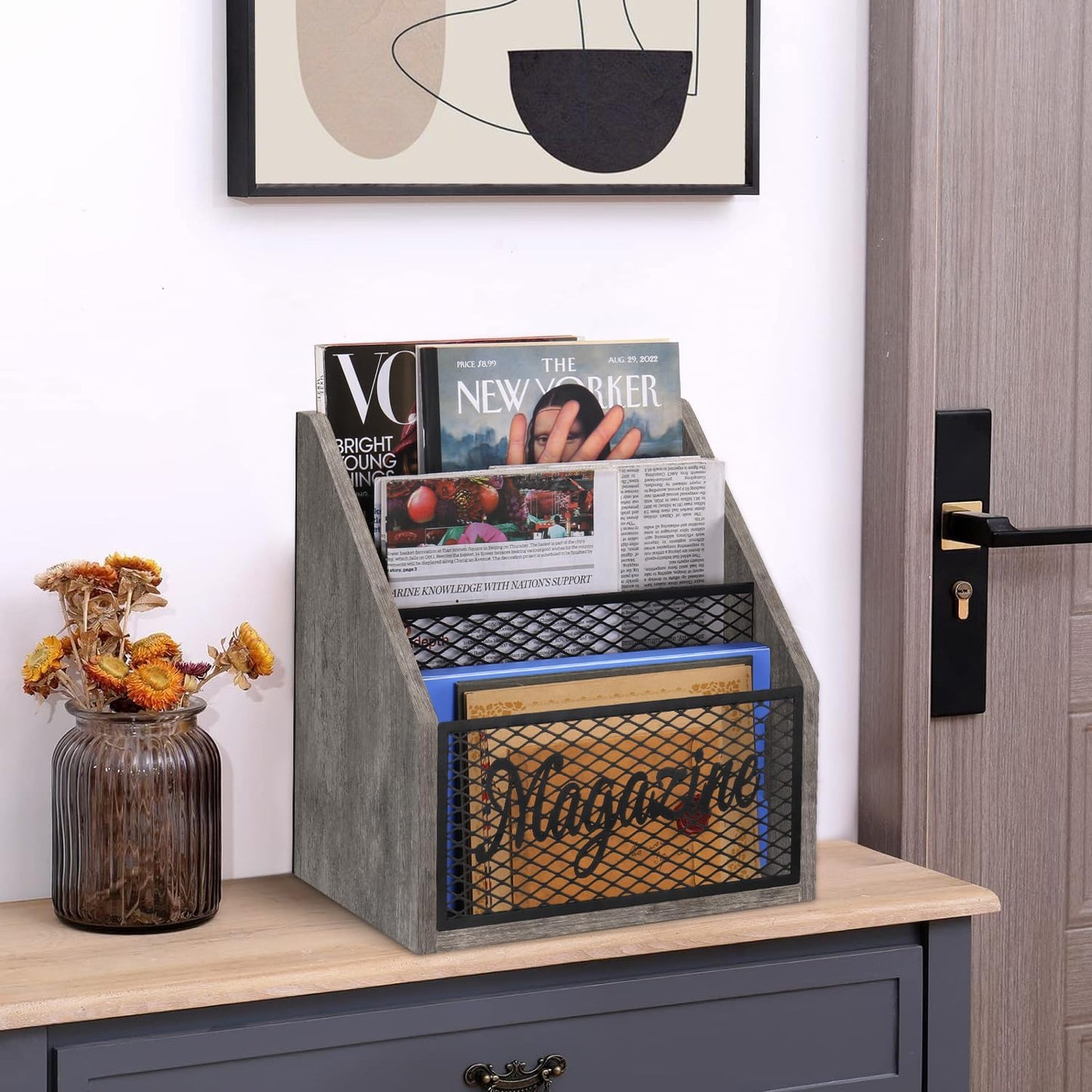 YINMIT 3 Tier Magazine Rack, Stepped Magazine Holder Floor for Home Storage | 3 Tier Stepped Design, Wood and Metal