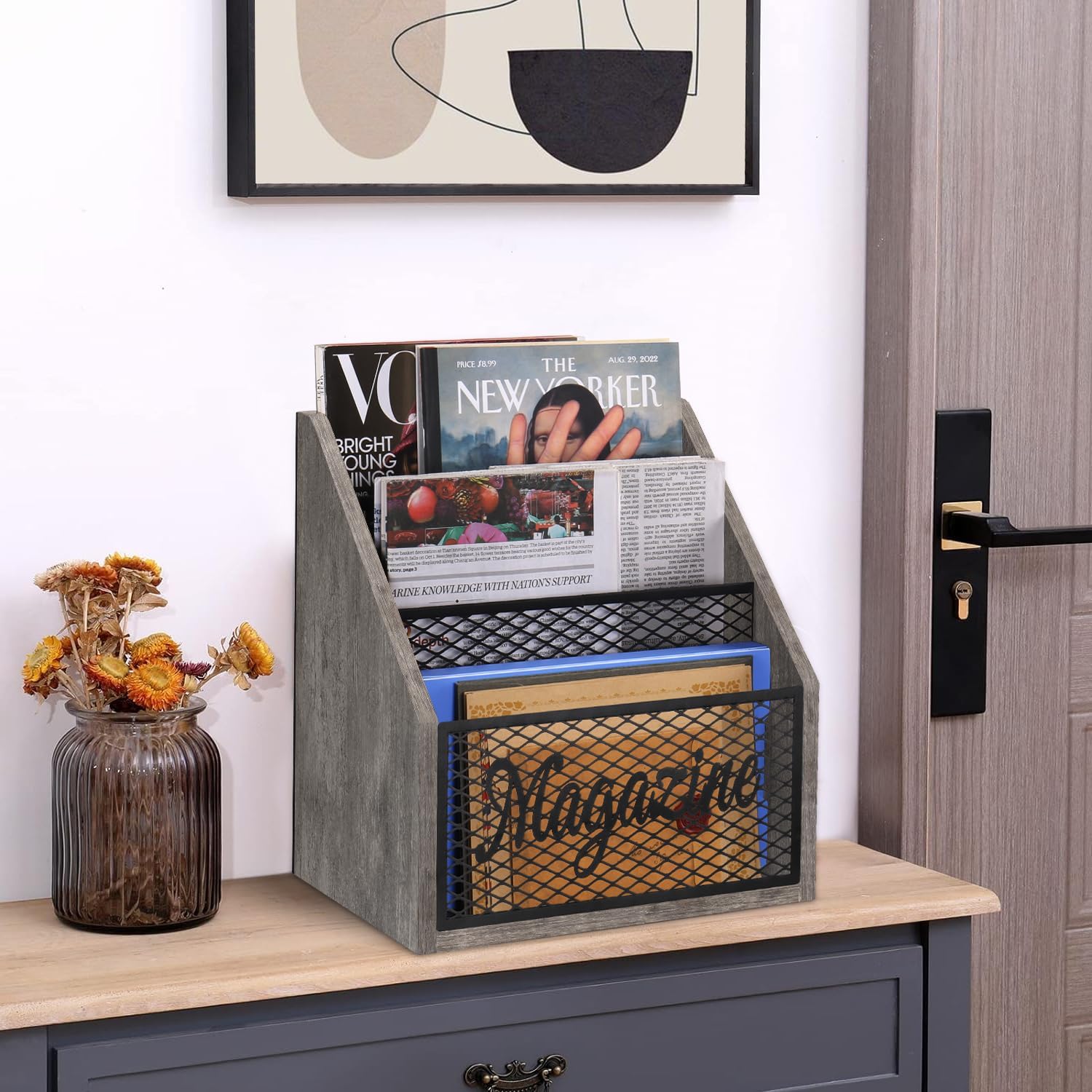 YINMIT 3 Tier Magazine Rack, Stepped Magazine Holder Floor for Home Storage | 3 Tier Stepped Design, Wood and Metal