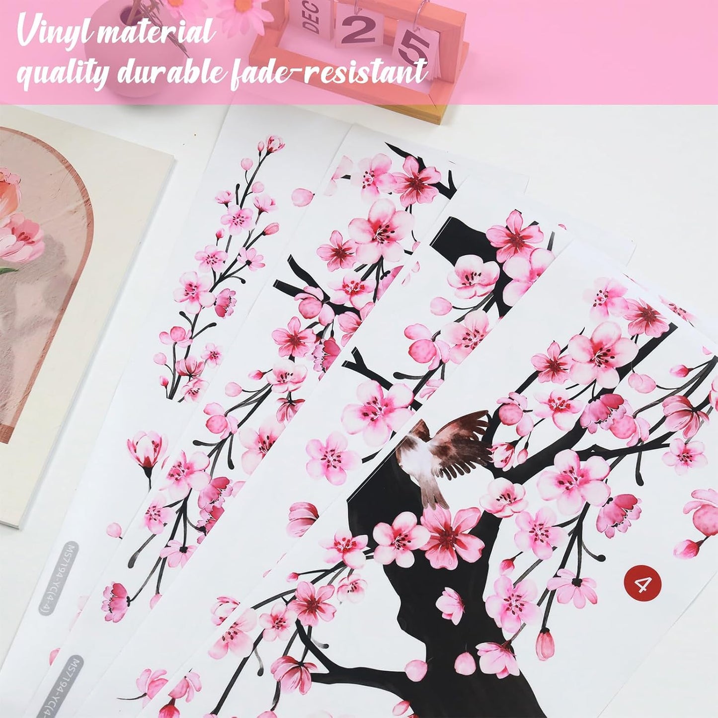 4 Sheets Spring Flower Bird Wall Decals Peel / Pink / 11.8*35.4inch