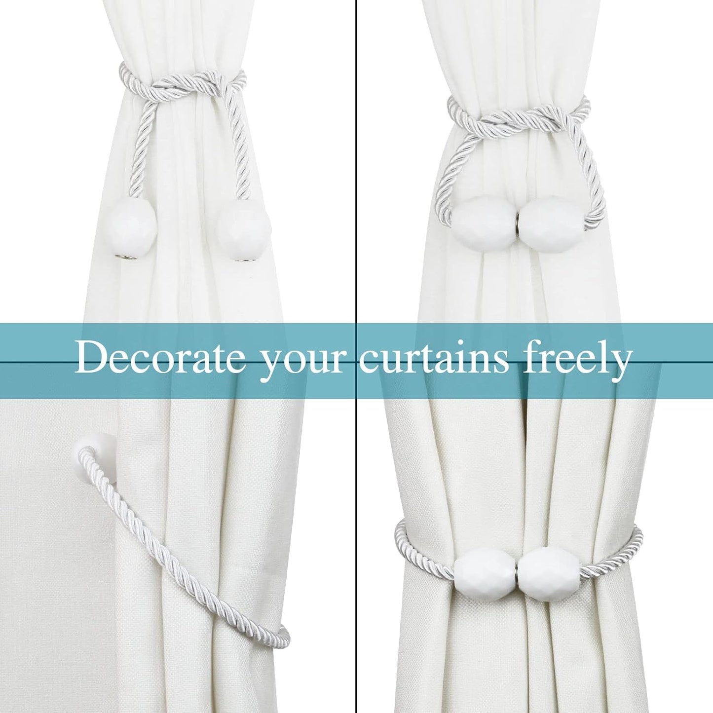 Strong Magnetic Curtain Tiebacks Decorative Rope Tie Backs Holdbacks Porlau | 6 Pack White Outdoor Curtain Rope