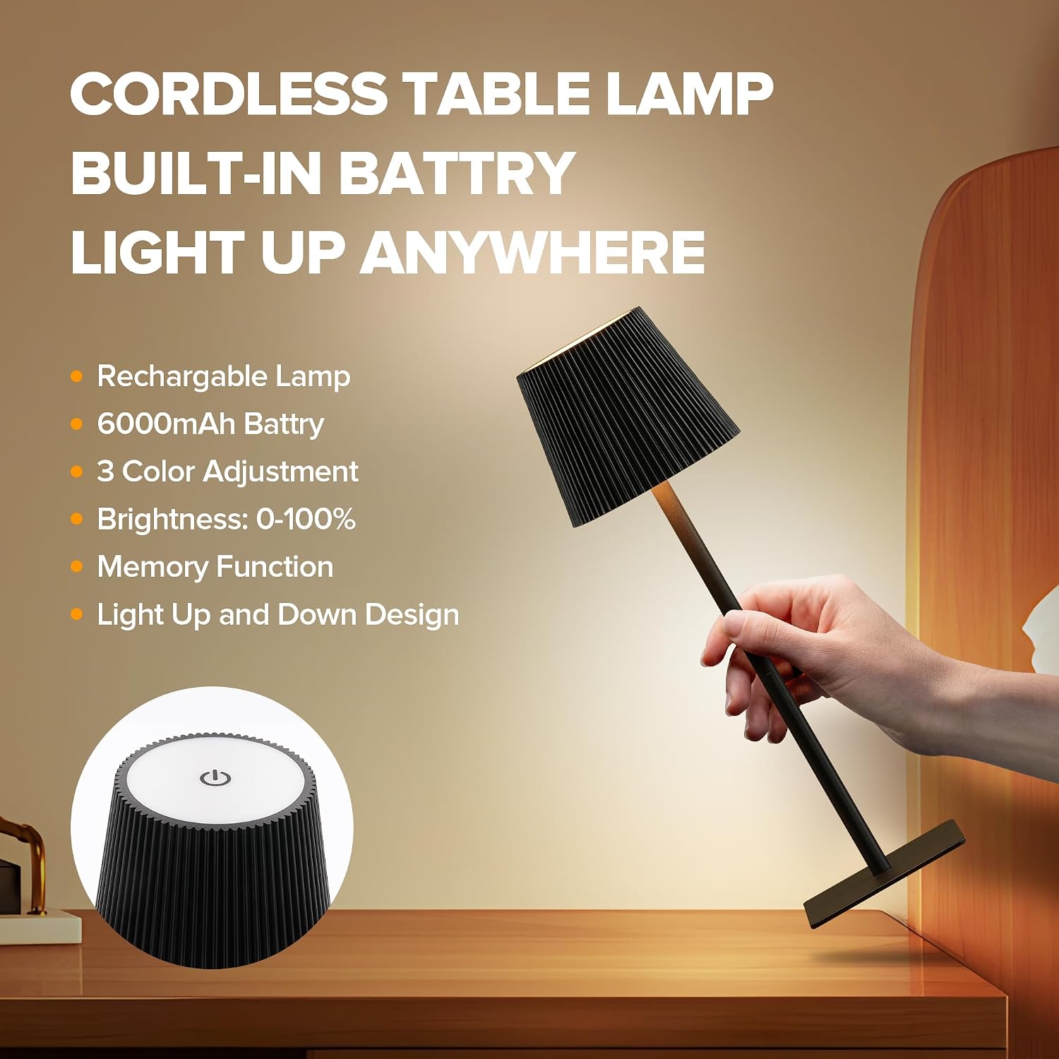 LUTEC 2 Pack Cordless Table Lamp,6000mAh Rechargeable Battery Operated Desk Lamp,Two Adjustable Heights,Waterproof