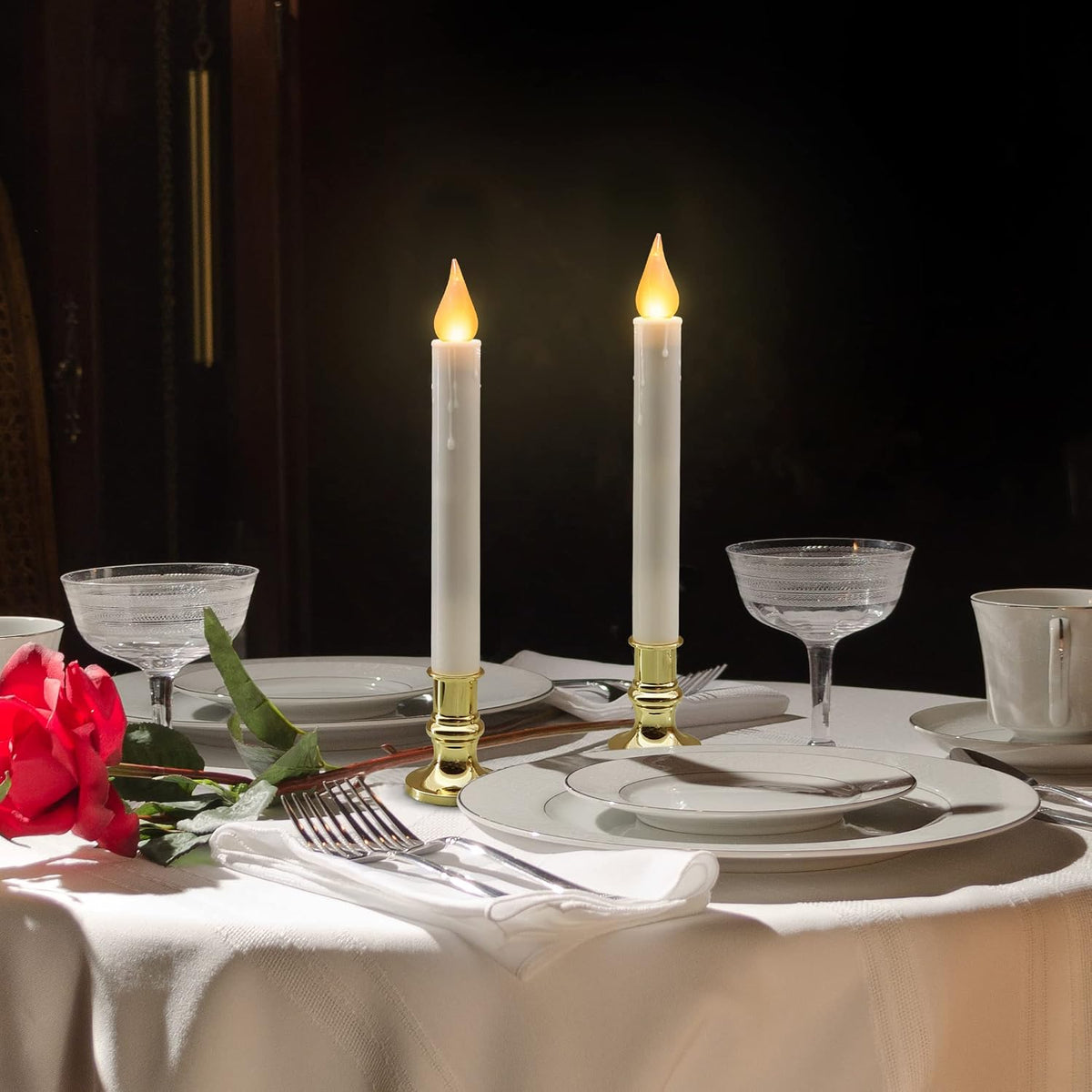 White 9.9" LED Taper Candles w/Gold Holders, 6-Pack | White flameless taper candles with gold holders, 5/19 auto timer